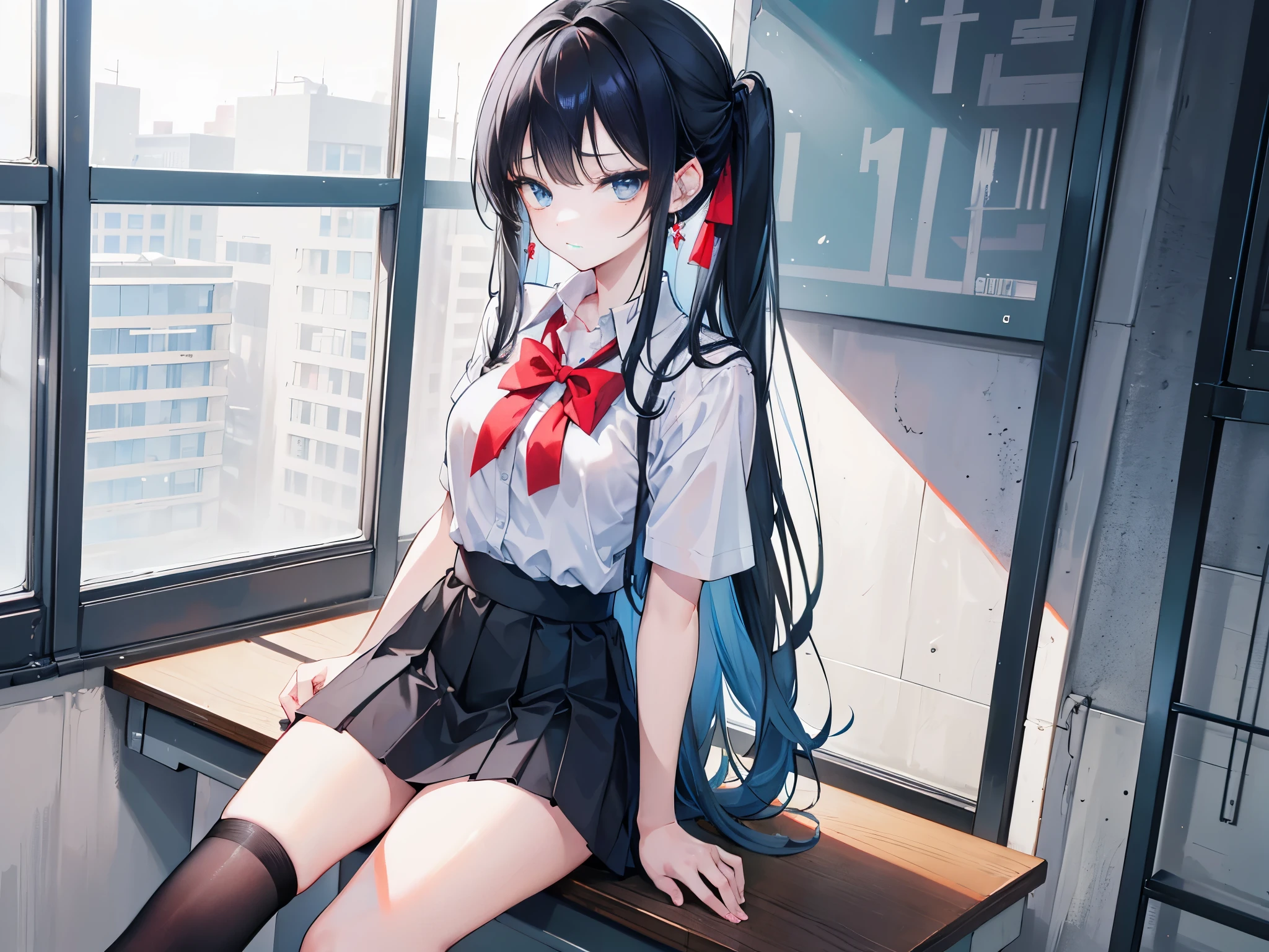 4K photo of a young woman with black hair, 17 years old, medium breasts. Light blue eyes, long hair, tied in a left bow...,, wearing a red, short-sleeved, unbuttoned shirt. black short skirt Wearing earrings and sitting in the classroom with a tsundere expression.