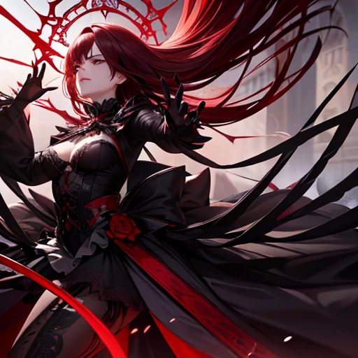 (((full medium shot))), (Masterpiece, photorealistic, photorealism, best quality, ultra-detailed:1.3), (nice hands, perfect hands), official art, cinematic light, (1girl:1.3), adult, Neko cat girl, dark gothic style, ornate costume jewelry, palette of black and deep red, ginger hair, high realism, kinetic leap towards viewer, distinct facial features, intricate gothic garment texturing, ebony and ruby color scheme, metallic gothic pendant, dark makeup, cat-like gracefulness, energetic airborne stance, sharp focus on eyes, dynamic hair movement, shadowy gothic environment, ornamental ironwork, subtle dark emblems, gentle light on swirling strands, enigmatic ambiance