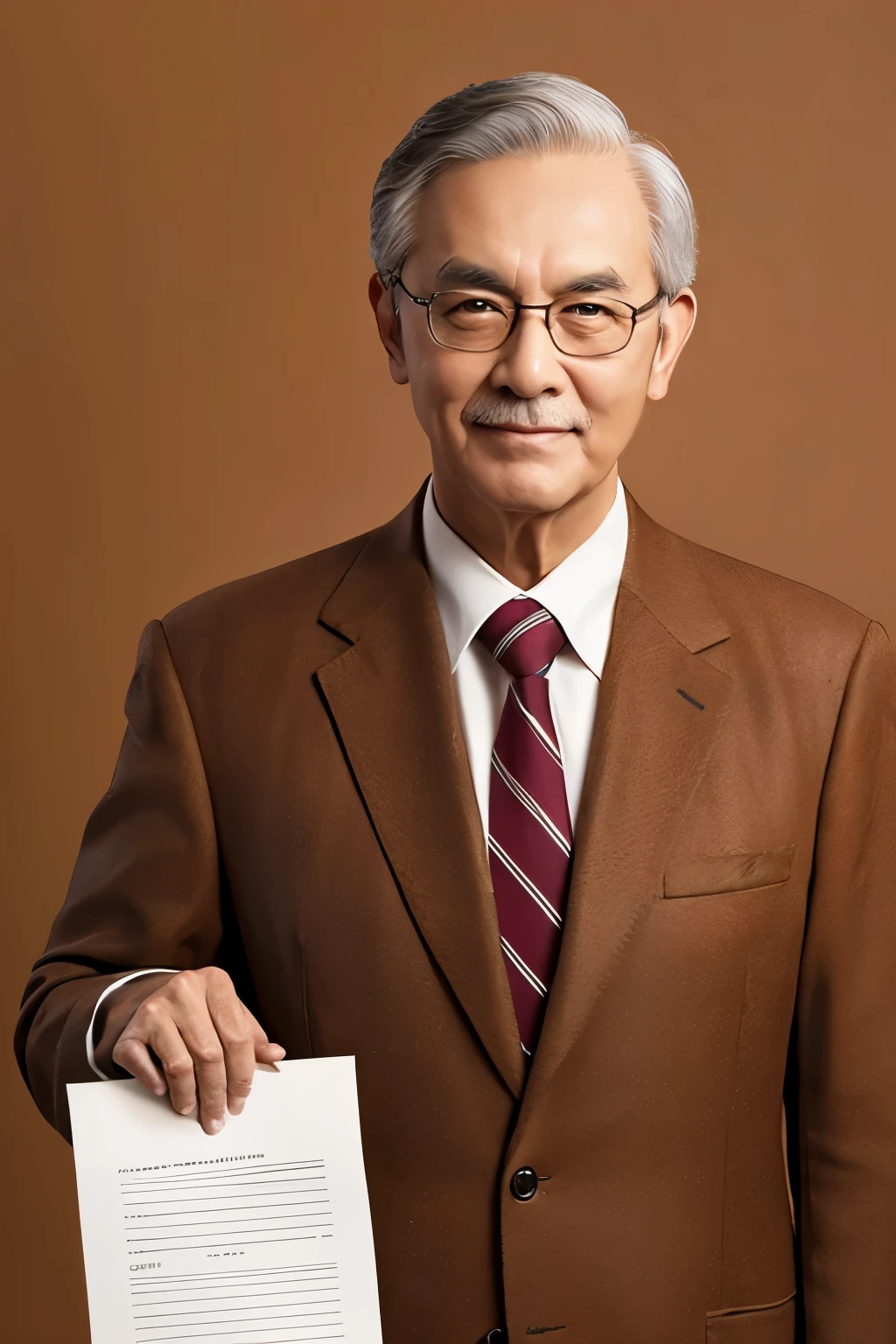 Full-length illustration of an elderly male secretary holding documents。wearing a brown suit、The background is white and nothing else is reflected.