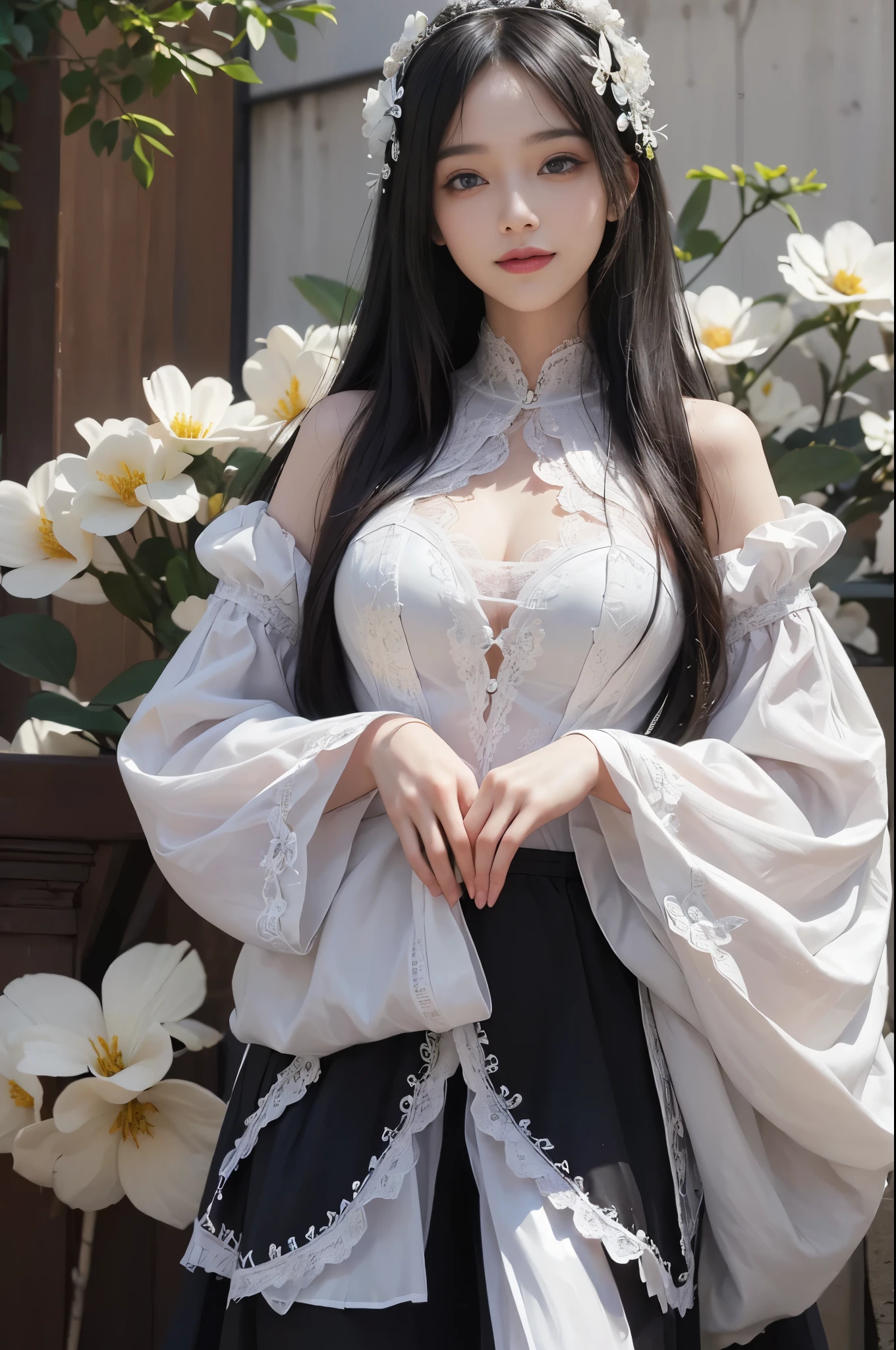 best quality、tmasterpiece、ultra high resolution、actual、1 girl、Glossy skin、((Surreal detailed))、Global photo、8K、Highly complex details、shinning eyes、Black straight hair、highkey、pureerosfaceace_v1、A smile、Elegant pose、plump breasts、White ultra-thin transparent lace、Lots of flowers in the background