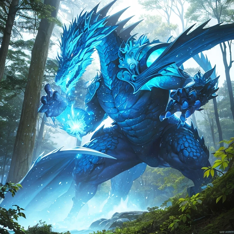 En un bosque con grandes arboles una batalla se esta librando un dragon azul y un joven de cabello verde con ropa de japones antiguo el joven es un mago muy fuerte y el dragon escupe hielo
