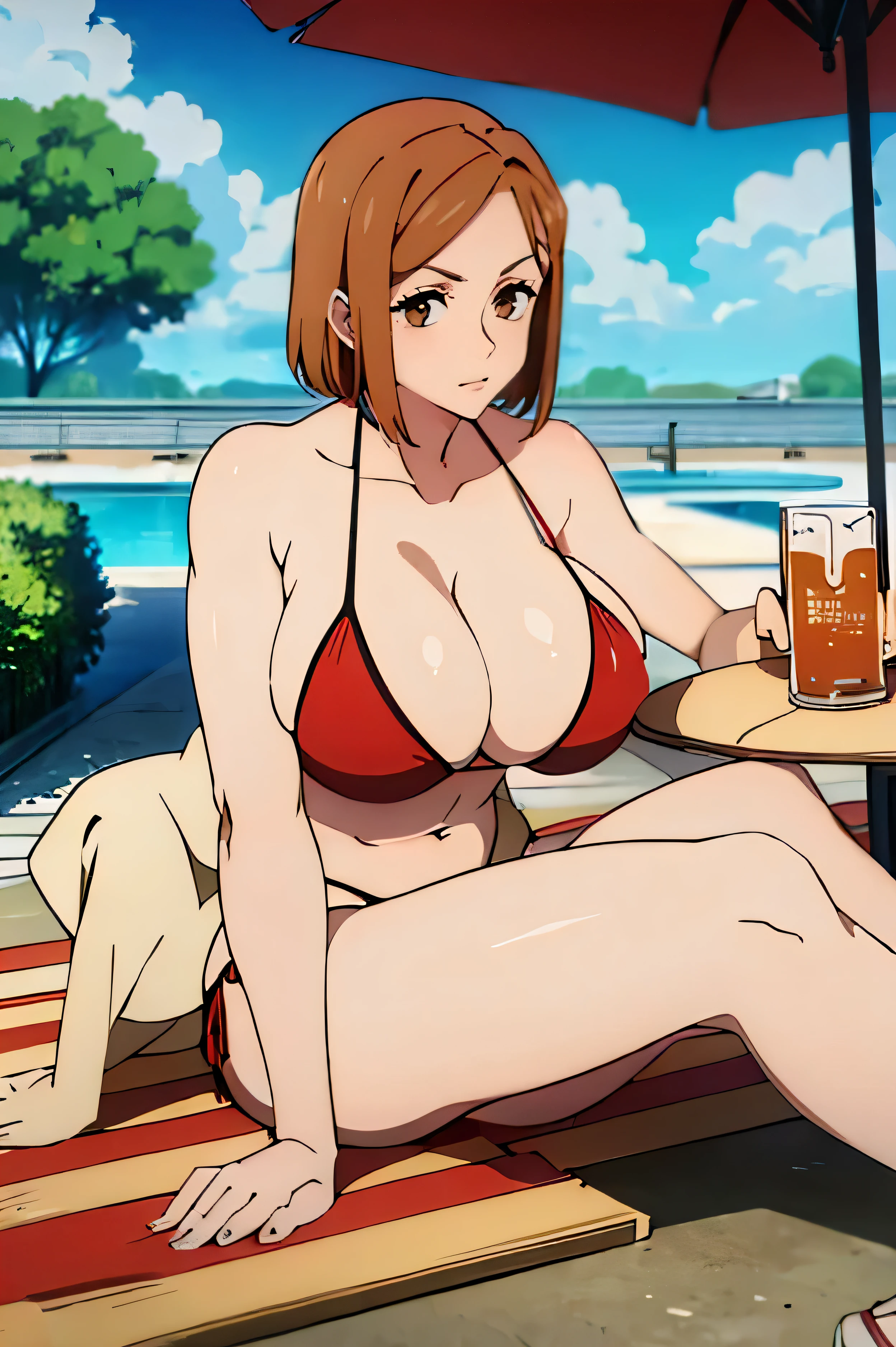 high quality, masterpiece, nobara1, , red bikini, lying on the sun lounger, drink beer, add sweat, remove phone