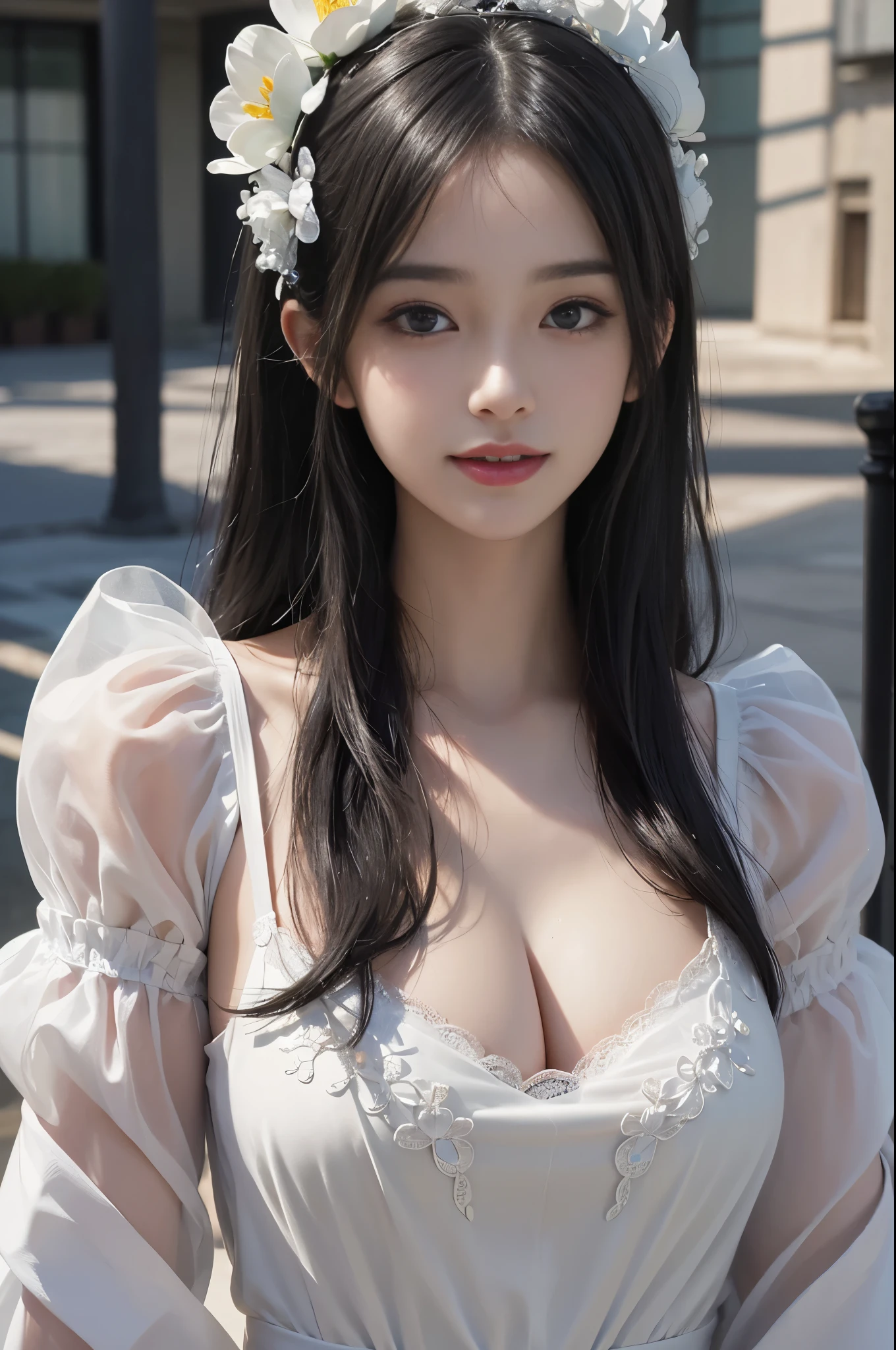 best quality、tmasterpiece、ultra high resolution、actual、1 girl、Glossy skin、((Surreal detailed))、Global photo、8K、Highly complex details、shinning eyes、Black straight hair、highkey、pureerosfaceace_v1、A smile、Elegant pose、plump breasts、White ultra-thin transparent lace、Lots of flowers in the background