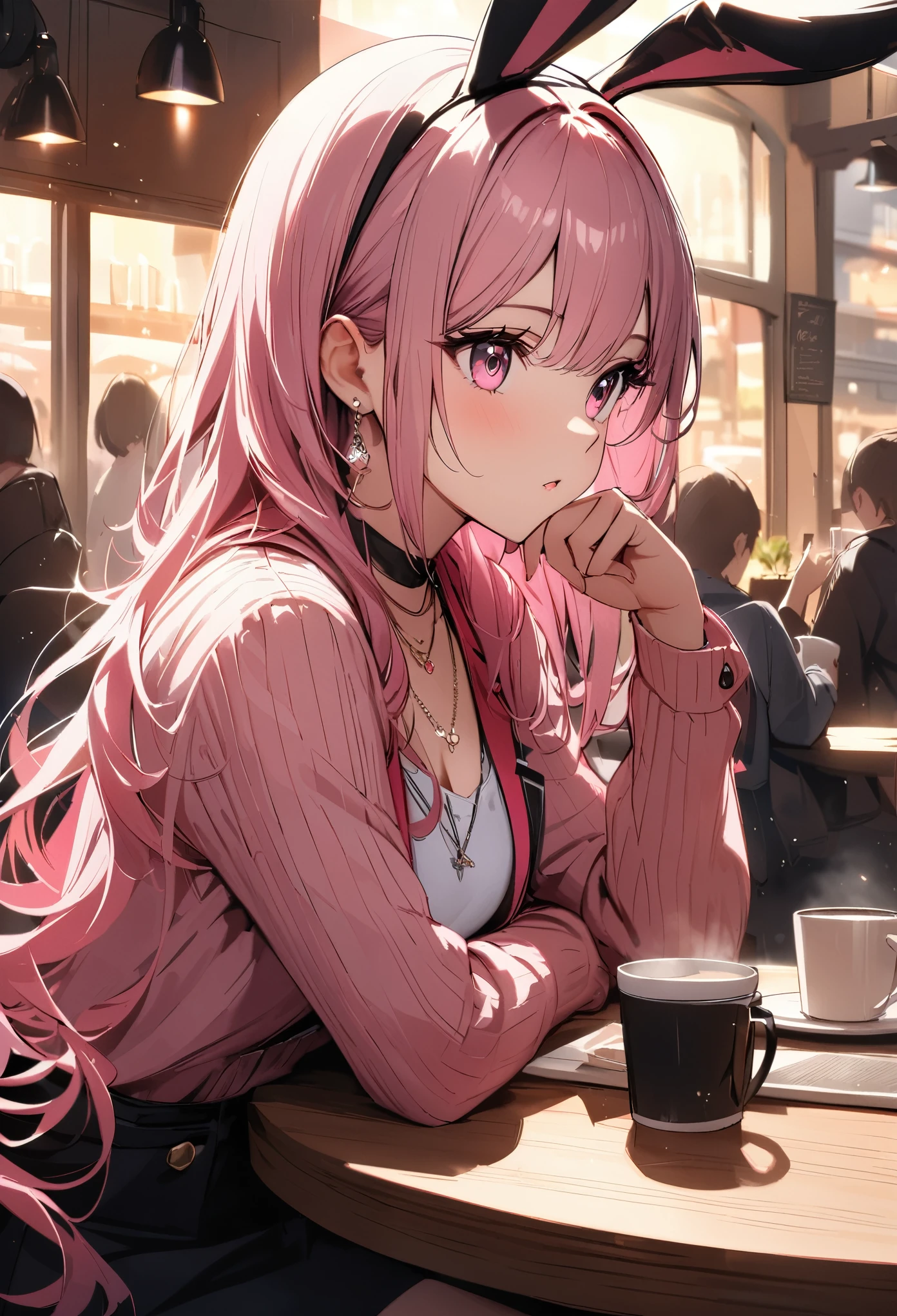 Masterpiece, highest quality, ultra-definition, ultra-fine, 4K, 8K, highest quality, beautiful, cute woman, solo, (beautiful pink hair, beautiful pink eyes, beautiful eyes, long hair, rabbit ears),
break
Scenery of a cozy cafe, drinking coffee, food and coffee cup on the table, crowd in the background,
break
Prada, necklaces, earrings, accessories, bags,
break
Fantastic lighting, bloom, extraordinary resolution, super details, top quality, high resolution, audio notes,