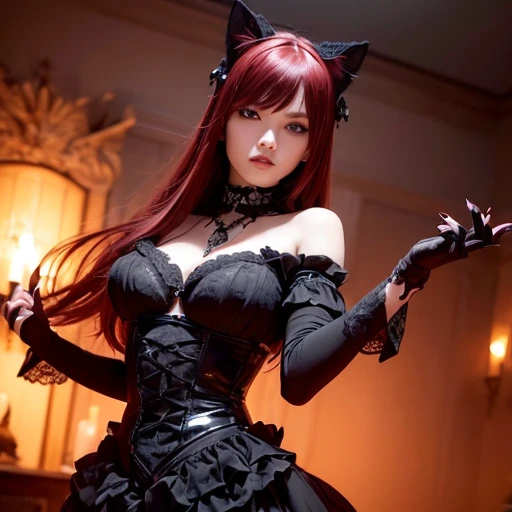 (((full medium shot))), (Masterpiece, photorealistic, photorealism, best quality, ultra-detailed:1.3), (nice hands, perfect hands), official art, cinematic light, (1girl:1.3), adult, Neko cat girl, dark gothic style, ornate costume jewelry, palette of black and deep red, ginger hair, high realism, kinetic leap towards viewer, distinct facial features, intricate gothic garment texturing, ebony and ruby color scheme, metallic gothic pendant, dark makeup, cat-like gracefulness, energetic airborne stance, sharp focus on eyes, dynamic hair movement, shadowy gothic environment, ornamental ironwork, subtle dark emblems, gentle light on swirling strands, enigmatic ambiance