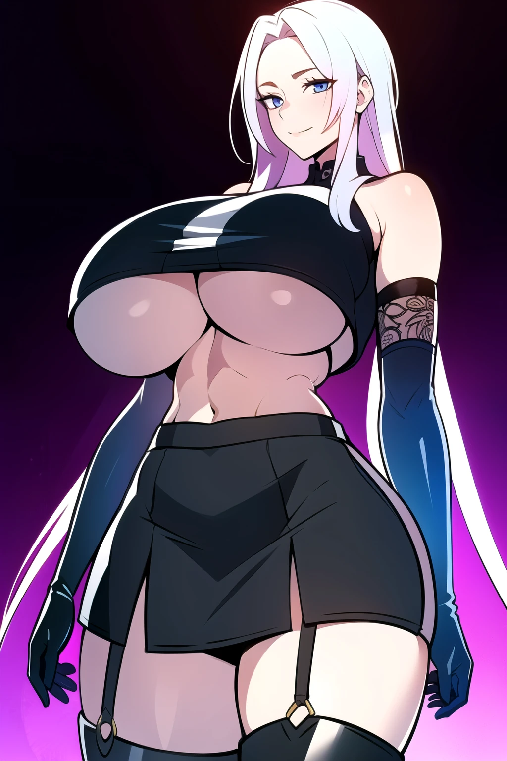 ultra realistic 8k cg, masterpiece, ((ultra detailed background, intricate detail, highly detailed, fine details best quality, hyperdetailed face)), gigantic breasts ,beautiful lighting, absurdres, BoaHancockV2, 1girl, solo, white hair, long hair, jewelry, closed mouth, ), ((black crop top : 1.1), (underboob : 1.4), elbow gloves, thigh boots, split skirt, bare shoulders, curvy, midriff, curvy, thighs, shiny clothes), blue eyes, complex detailed background, inside, luxury palace), ((cowboy shot)), curvy, (gigantic breasts: 1.1), seductive smile, cowboy shot,