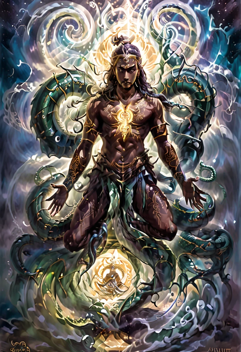 a figure is depicted seated in meditation within a swirling vortex of serpentine energy, symbolizing the awakening of the Kundalini serpent and the mastery of primal forces.
The meditator's form intertwines with the coiling serpents, suggesting a union of human consciousness with the primal energies of the universe and the harnessing of transformative power for spiritual ascent.