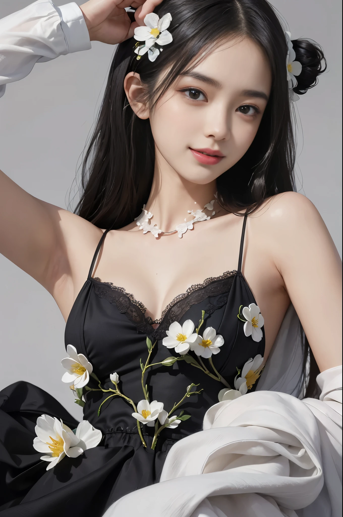 best quality、tmasterpiece、ultra high resolution、actual、1 girl、Glossy skin、((Surreal detailed))、Global photo、8K、Highly complex details、shinning eyes、Black straight hair、highkey、pureerosfaceace_v1、A smile、Elegant pose、plump breasts、White ultra-thin transparent lace、Lots of flowers in the background