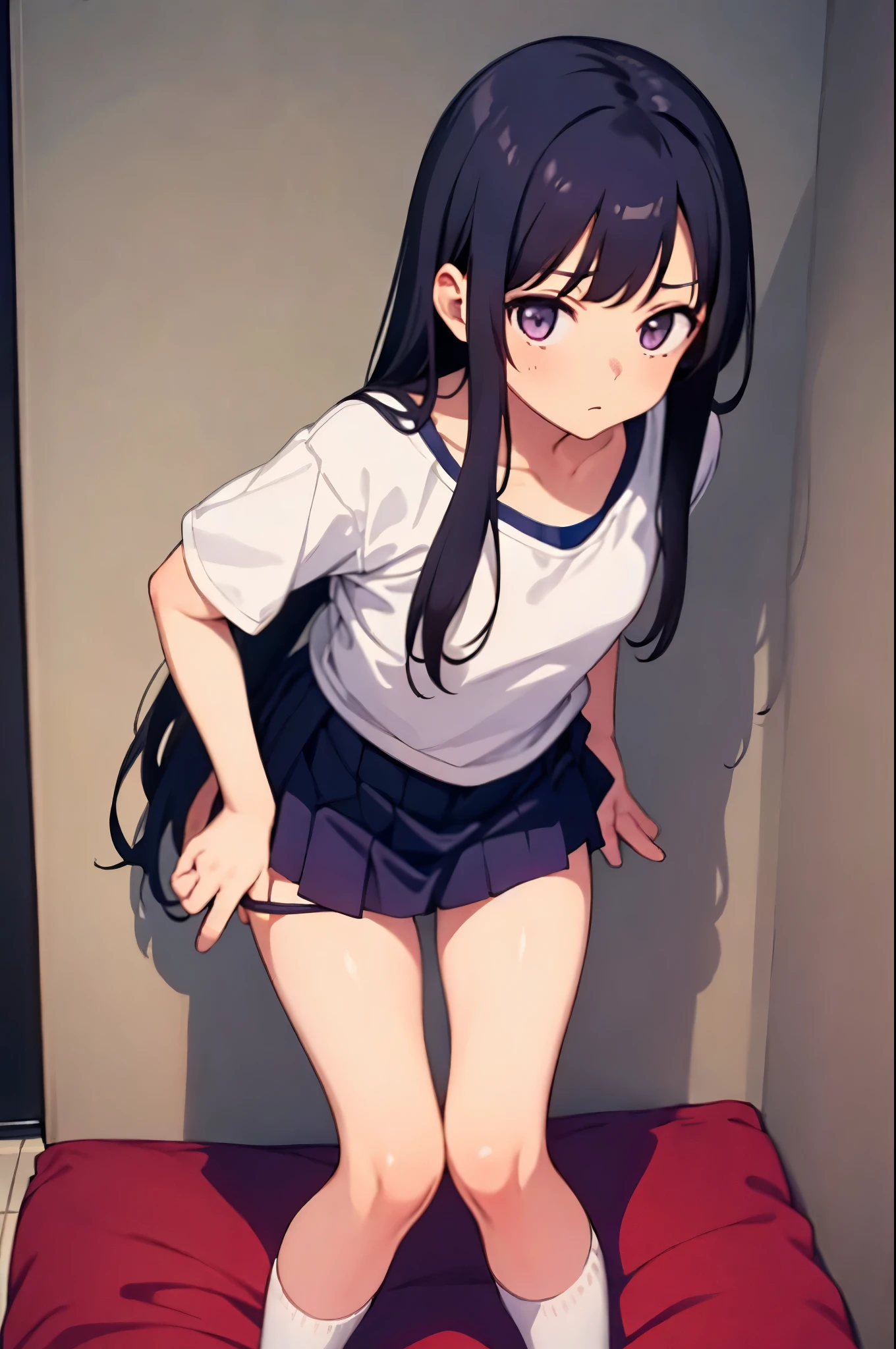 girl&#39;s room　elementary school girl　8-year-old　flat chest　black hair　long hair　eyes are purple　（（1 person））　Baggy white upper bodyＴshirt　Lower body navy blue miniskirt（（White panties are visible））　black socks　She is leaning against the wall in her room with her panties down to her knees.　spread your legs a little　I can see white panties　dynamic angle　Low angle from the front