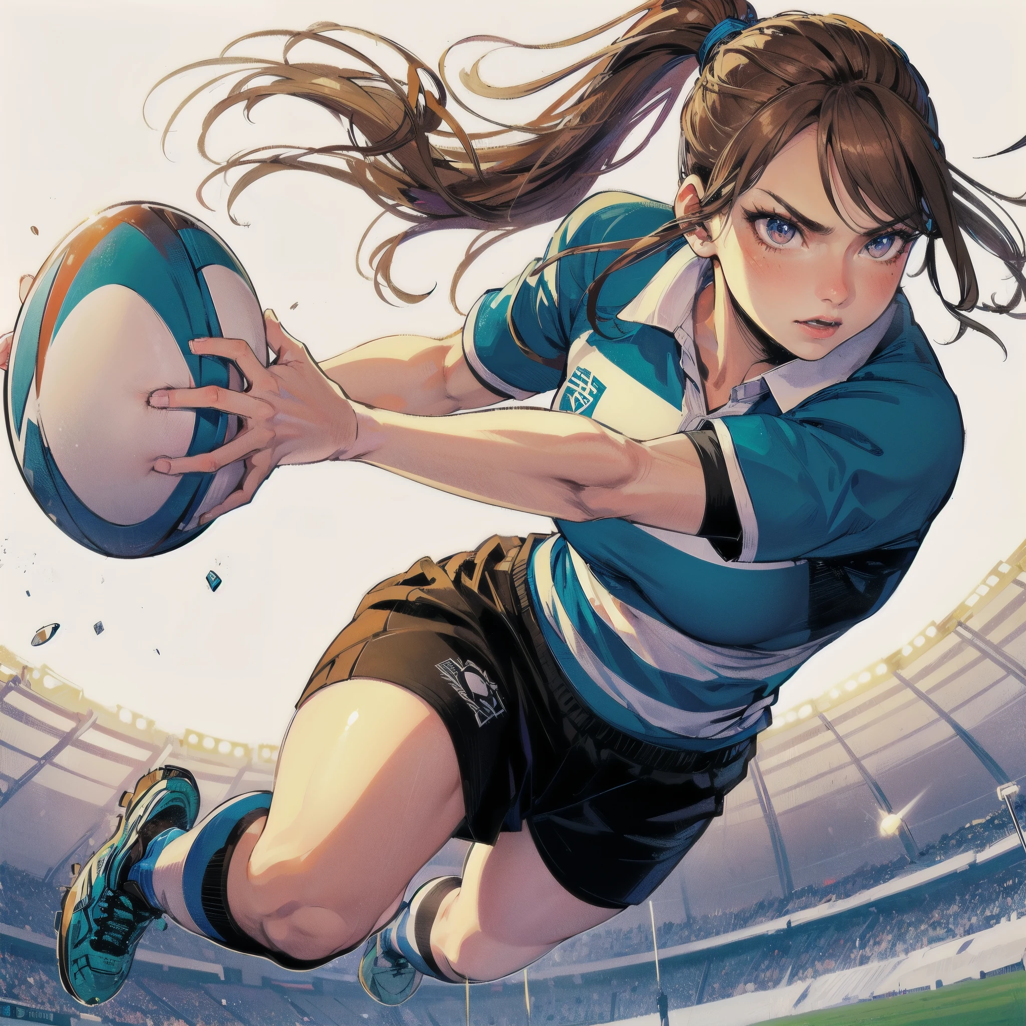high quality,HD,16k,sharp lines,1 girl,Female rugby athlete ,cute face, large breasts, nice legs,At the rugby venue,focus girl,detailed beautiful face,detailed clothes,beautiful eyes,cool,dynamic angle