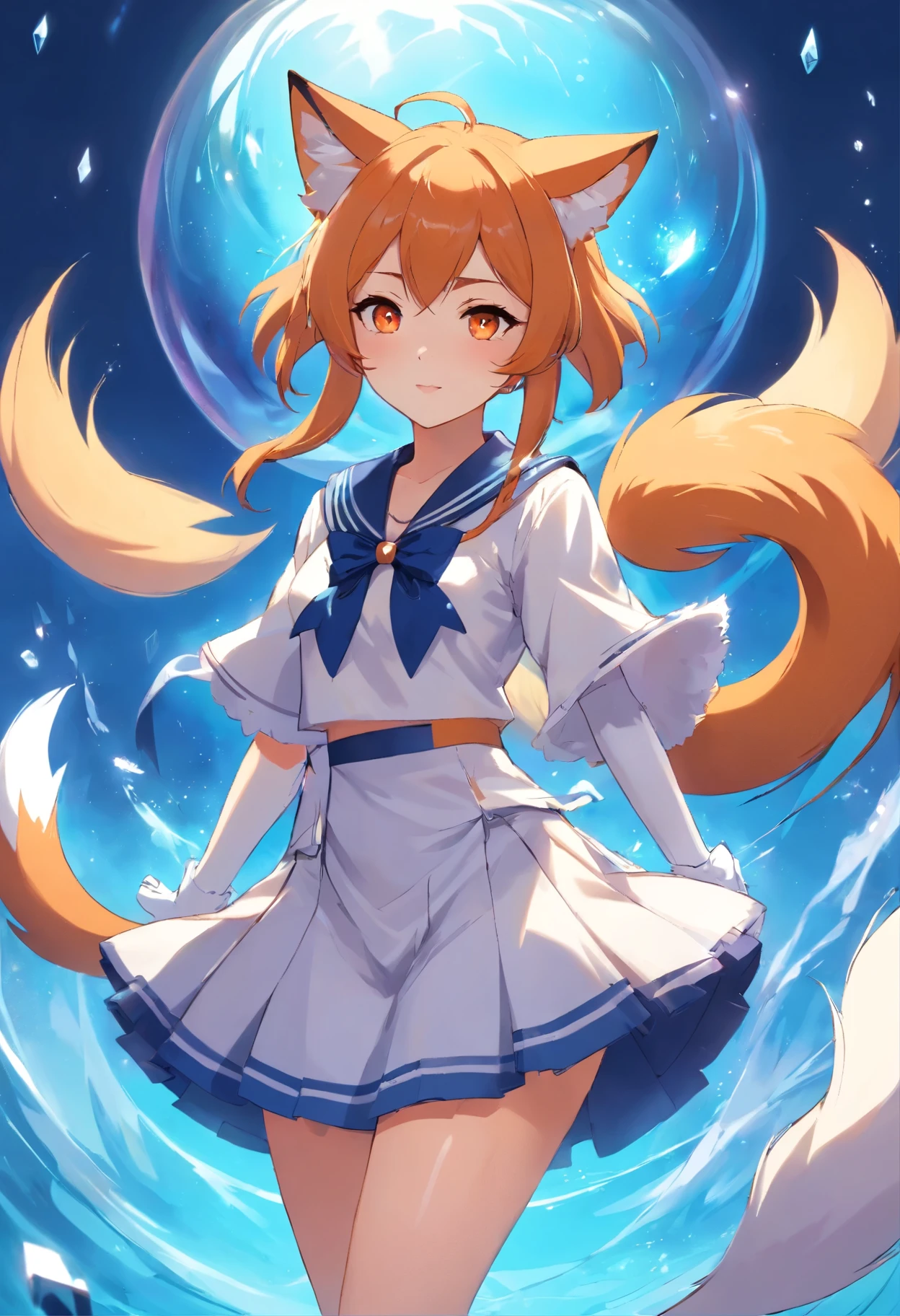 masterpiece, best quality, high resolution, More 1, crown, Sailor Senji, Blue sailor collar, bow, knee high boots, collar, White gloves, blue collar, elbow gloves, jewelry, earrings, blue skirt, Cowboy shooting, sphere, crystal ball, 1girl water yushu water,Ahri, Ahri \(League of Legends\), k/and \(League of Legends\), bloom \(League of Legends\)，Animal ears, facial markings, fox ears, fox Tail, orange eyes, multiple Tails, Tail