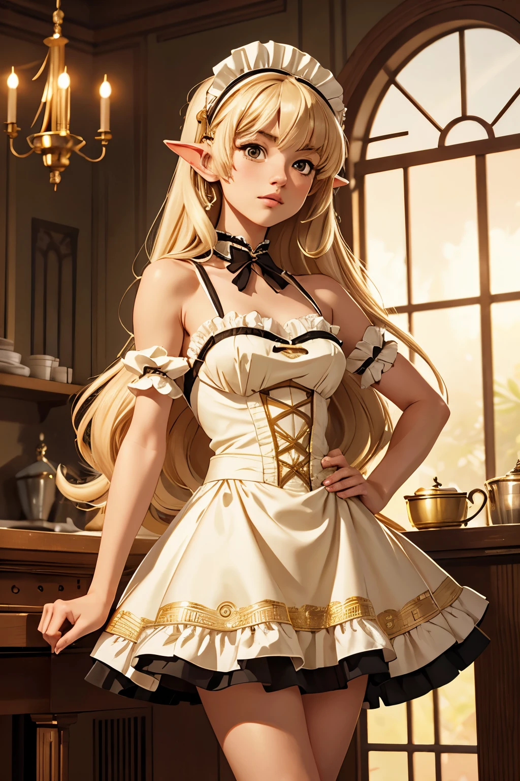 masterpiece, best quality, highly detailed, highres, hdr,, chobits, chii, feelingless,, 1girl, solo, bangs, bare shoulders, breasts, brown eyes, clamp (circle) (style), platinum blonde hair, very long hair, robot ears, small breasts, hair tubes,, maid, maid headdress, maid apron, victorian maid, maid dress,, mksks style, beautiful background, detailed background, professional lightning, mansion, indoor, gold ornament, gold, gold effects,