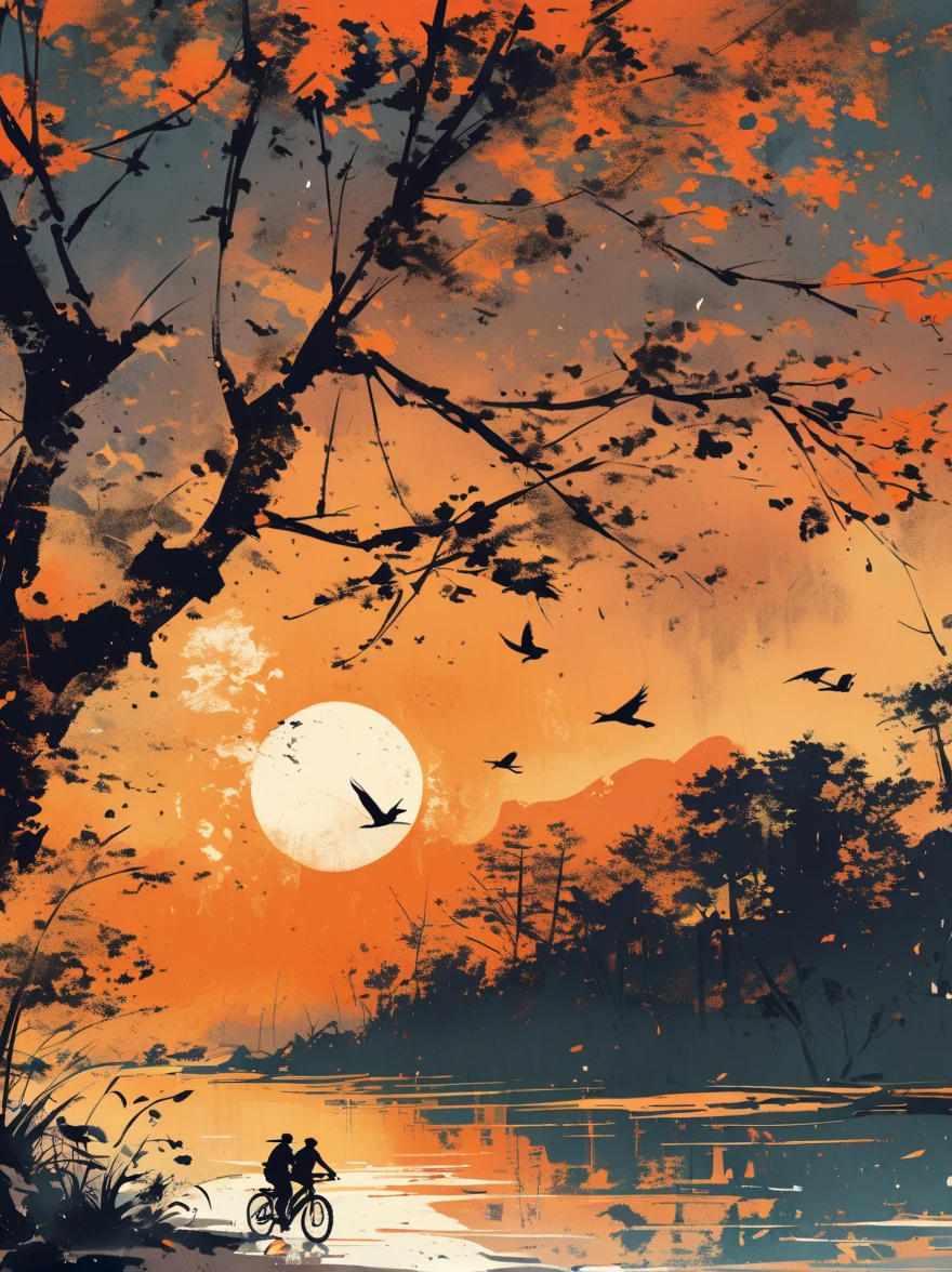 There is a tree with few leaves by the lake,There are two people riding bicycles,There is an empty stool under the branches。The reflection of the setting sun in the water,Reflected silhouettes of trees and silhouettes of cyclists,Shades of orange,ink style,HD