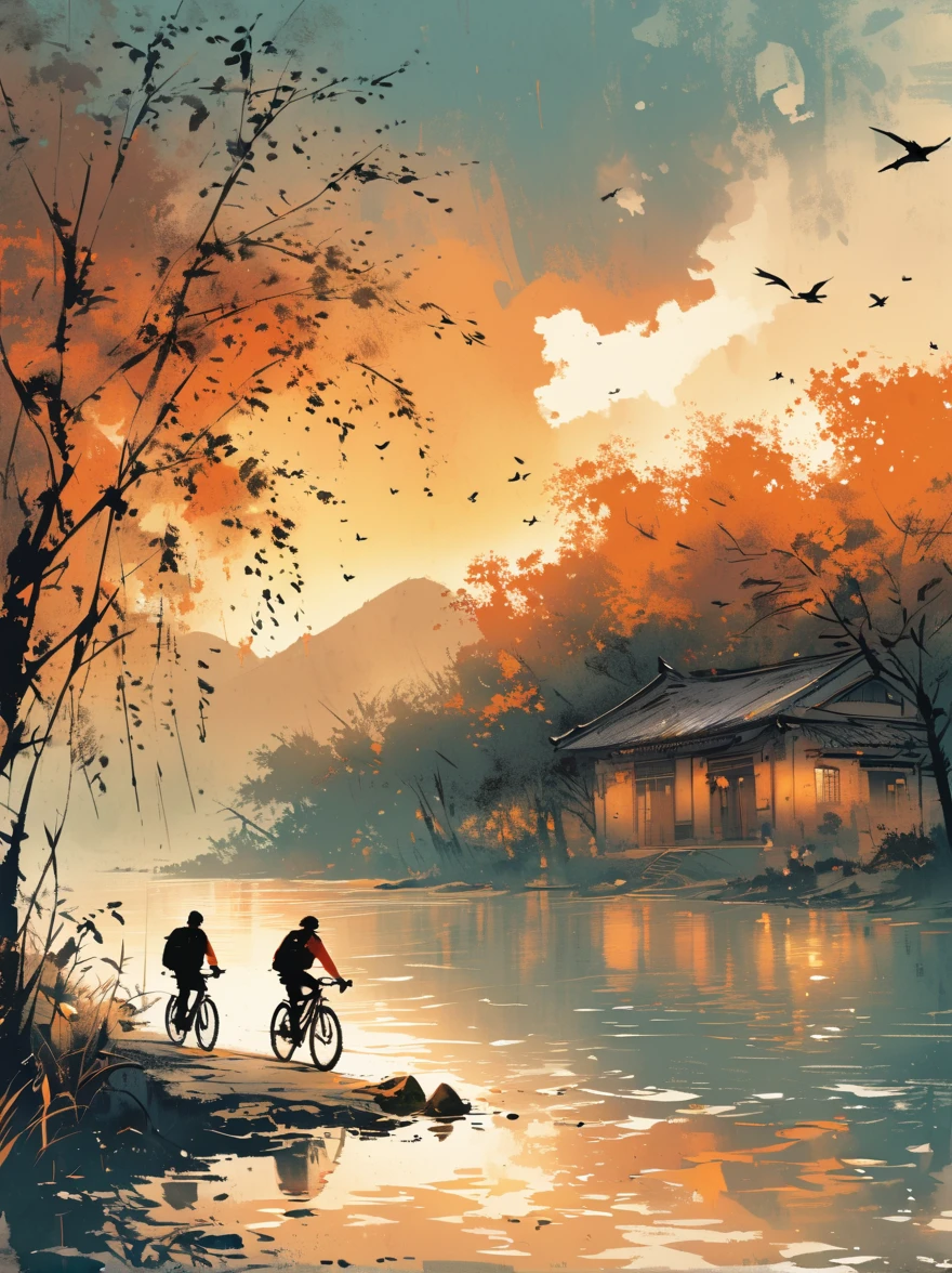 There is a tree with few leaves by the lake,There are two people riding bicycles,There is an empty stool under the branches。The reflection of the setting sun in the water,Reflected silhouettes of trees and silhouettes of cyclists,Shades of orange,ink style,HD