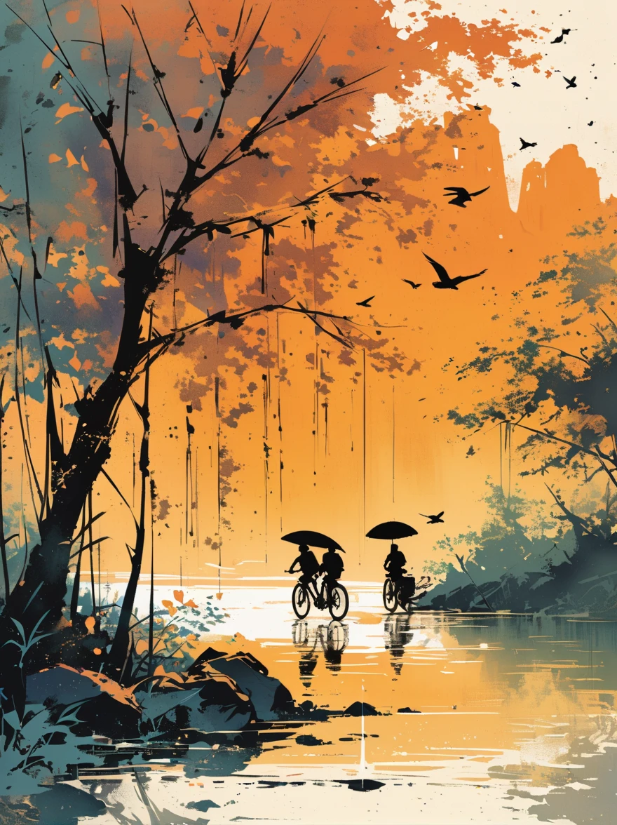 There is a tree with few leaves by the lake,There are two people riding bicycles,There is an empty stool under the branches。The reflection of the setting sun in the water,Reflected silhouettes of trees and silhouettes of cyclists,Shades of orange,ink style,HD