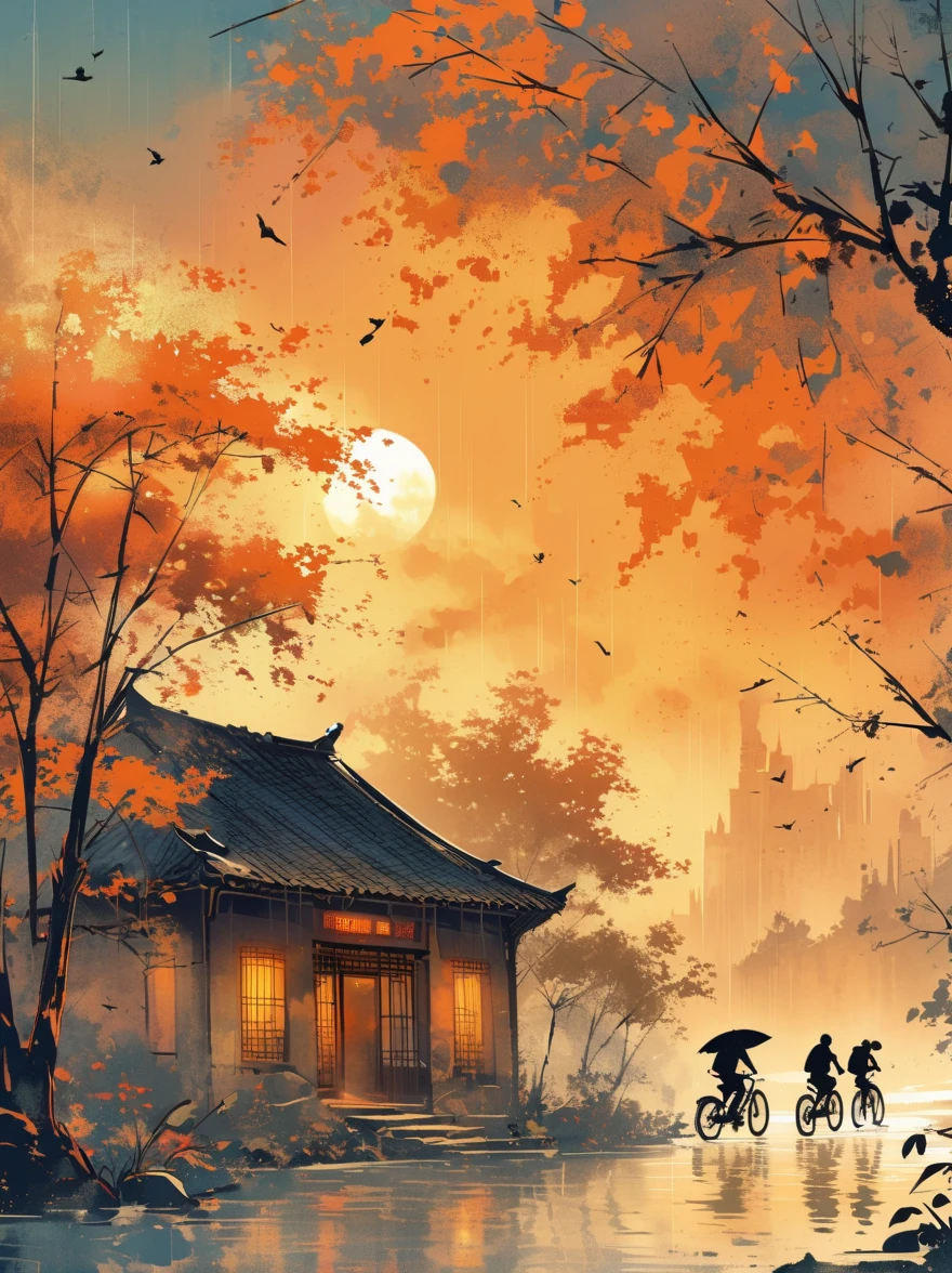 There is a tree with few leaves by the lake,There are two people riding bicycles,There is an empty stool under the branches。The reflection of the setting sun in the water,Reflected silhouettes of trees and silhouettes of cyclists,Shades of orange,ink style,HD