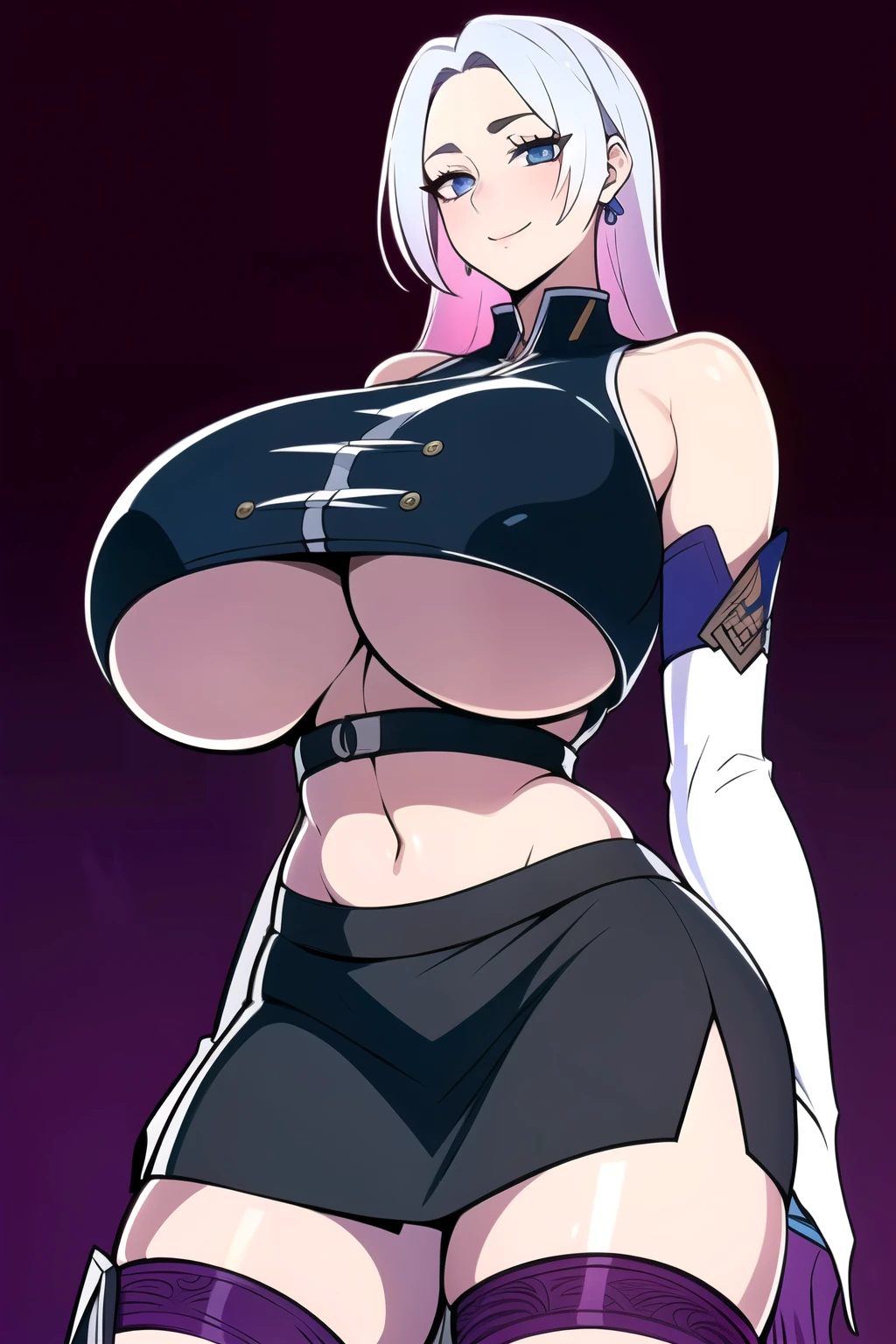 ultra realistic 8k cg, masterpiece, ((ultra detailed background,  intricate detail, highly detailed, fine details best quality, hyperdetailed face)), gigantic breasts ,beautiful lighting, absurdres, BoaHancockV2,  1girl, solo, white hair, long hair, jewelry, closed mouth, ), ((black crop top : 1.1), (underboob : 1.4), elbow gloves, thigh boots, split skirt, bare shoulders, curvy, midriff, curvy, thighs, shiny clothes), blue eyes, complex detailed background, inside, luxury palace), ((cowboy shot)), curvy, (gigantic breasts: 1.1), seductive smile, cowboy shot,