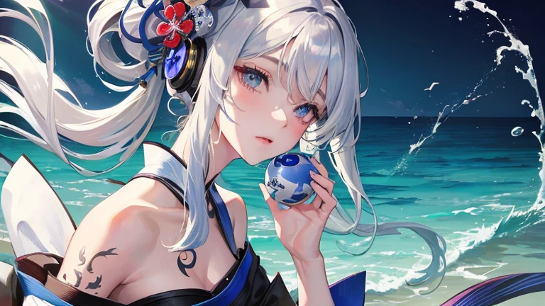 highest quality, masterpiece, ultra high resolution (reliability: 1.1). A silver-haired girl with beautiful blue droopy eyes and a bare back. 背中一面に龍のtattooed back. tattooed. She appears to be listening to the song through headphones.... japanese kimono. intense expression. geisha. , A beautiful background with a very beautiful sea,Images for YouTube