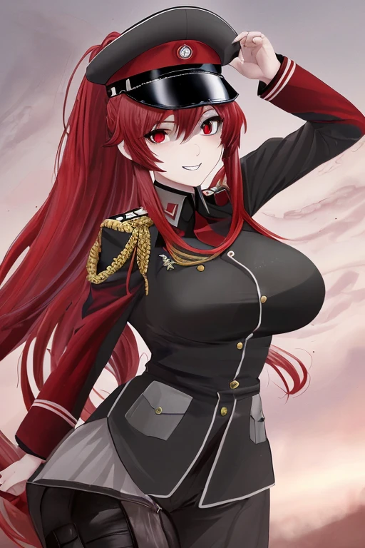 The solution to the absurd,High resolution,Masterpiece 1.4,super beautiful,1 ,Second World War,wearing German military uniform,red eyes,red long hair,ponytail,big breasts,The solution to the absurd,High resolution,Masterpiece 1.4,super beautiful,wearing a military hat,body hidden by clothes,8 life size,moving closer to the camera,red eyes,red long hair,ponytail,big breasts,Crazy smile,battlefield background,majestic hall々,