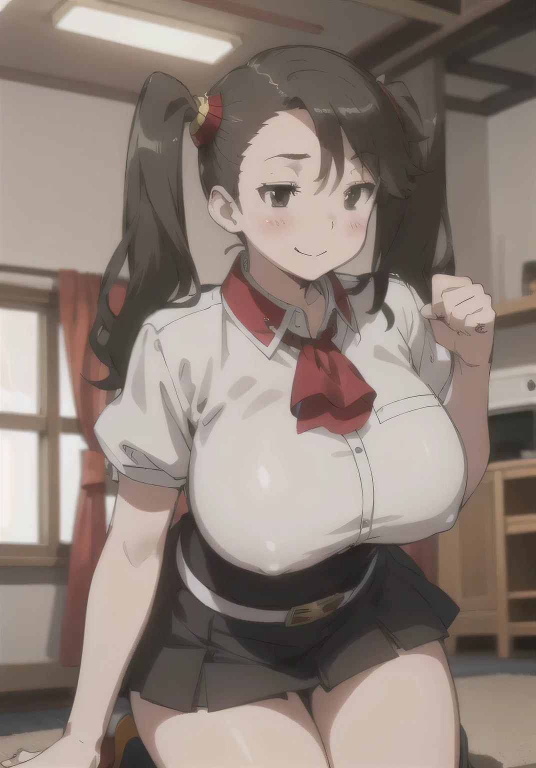 ((masterpiece)), ((best quality)), (ultra-detailed), ((extremely detailed)), 4K, (8K), best quality,1girl, (((perfect anatomy))), (((((five fingers))))), (((((beautiful detailed black eyes))))), (((world-class quality))), realistic, extremely detailed, high resolution, (((detailed shaded pretty face))), ((((house wife)))), solo, (((sagging breasts))), ((glowing detailed skin and hair)), ((white-skinned)), ((((gleaming skin)))), , huge ass, full-face blush , seductive smile, (baby face), kaoruko, ((twintails)), hair ornament, well-fleshed, , red bowtie, red scarf, ((black skirt)), ((red collar)), ((yellow embroidery on the collar)), belt, kneeling