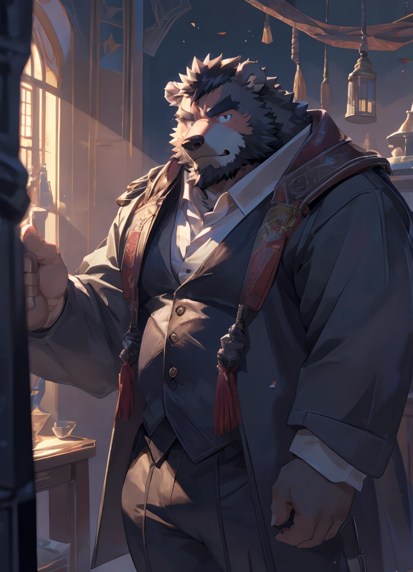 (super detailed), sharp focus, Eye, 棕色Eye, hairy, black and white fur, black beard, black hair,human nature (brown bear), male, Middle-aged and elderly, brown body, white belly, muscular ,(crotch bulge),super detailed的脸, 1 boy,(disheveled 1.4),(best quality), (masterpiece), high detail, high quality,High resolution, HD, 16K,Dongfang,Four and a half stacks,Cluttered room,close up,broken wine bottle,Square background,(gentle light and shadow),(daytime:1.3)