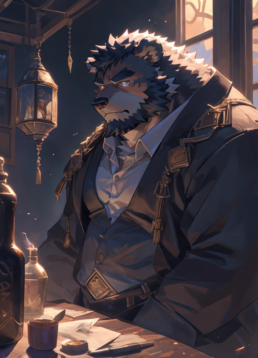 (super detailed), sharp focus, Eye, 棕色Eye, hairy, black and white fur, black beard, black hair,human nature (Brown Bear), male, Middle-aged and elderly, brown body, white belly, muscular ,(crotch bulge),super detailed的脸, 1 boy,(Disheveled 1.4),(best quality), (masterpiece), high detail, high quality,High resolution, HD, 16K,East Release,Four and a half stacks,Cluttered room,close up,(Break the bottle),(daytime:1.3)
