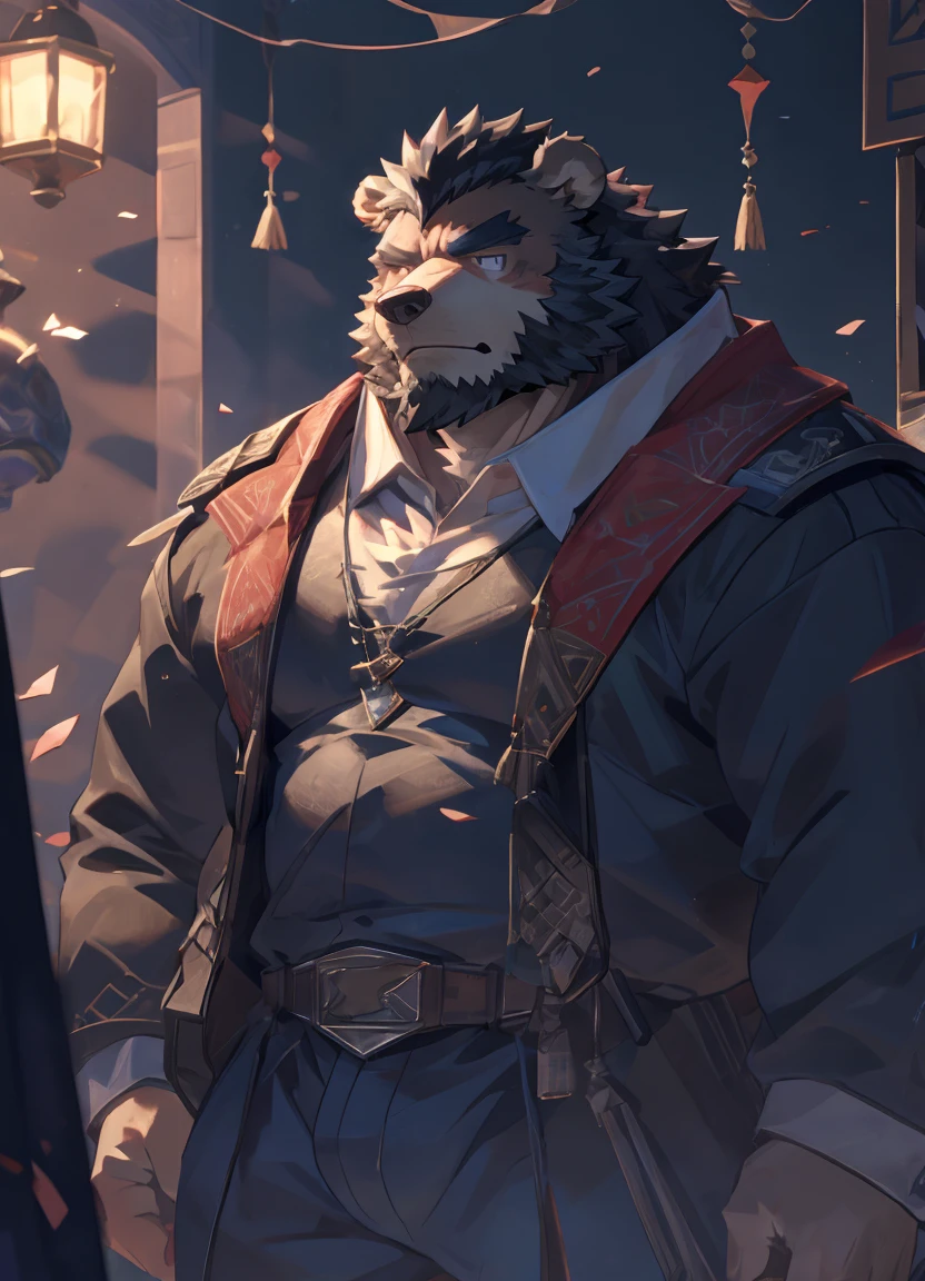 (super detailed), sharp focus, Eye, 棕色Eye, hairy, black and white fur, black beard, black hair,human nature (brown bear), male, Middle-aged and elderly, brown body, white belly, muscular ,(crotch bulge),super detailed的脸, 1 boy,(disheveled 1.4),(best quality), (masterpiece), high detail, high quality,High resolution, HD, 16K,Dongfang,Four and a half stacks,Cluttered room,close up,broken wine bottle,Square background,(gentle light and shadow),(daytime:1.3)