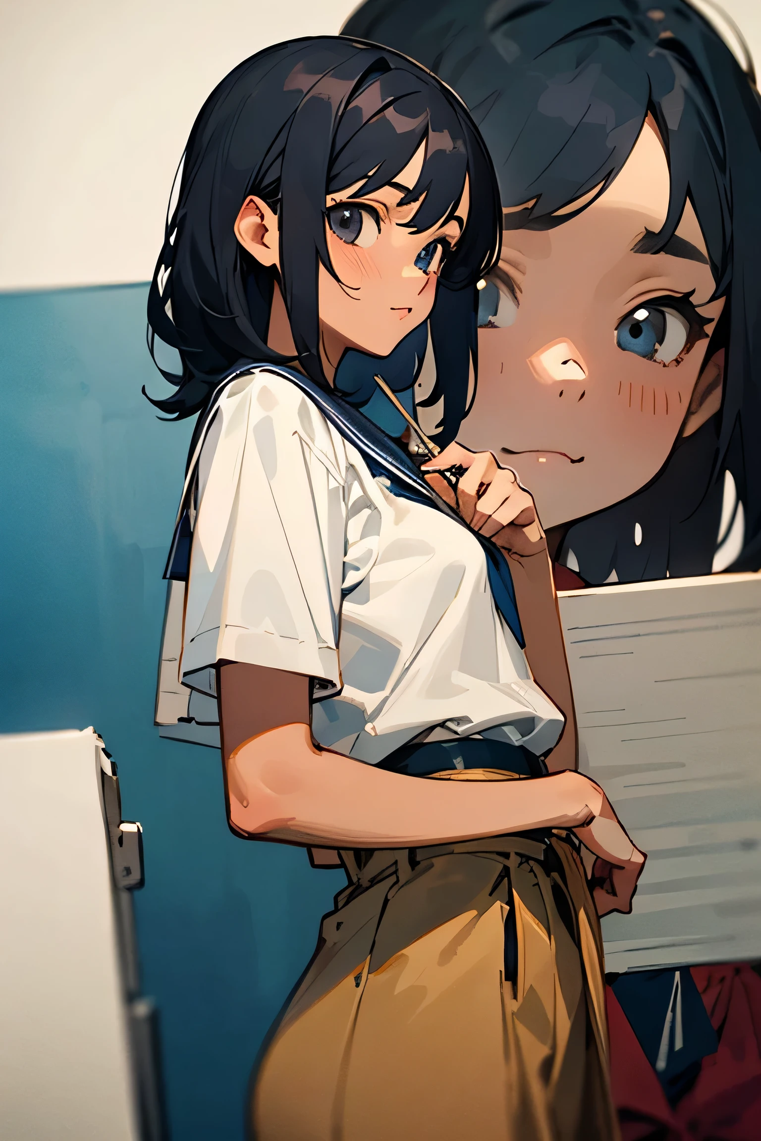 ((best quality)), ((masterpiece)), (detailed), perfect face, perfect anatomy
Girl, medium black hair, high, nerd, tan, not too tan, bookworm, loves magic, long short, long skirt