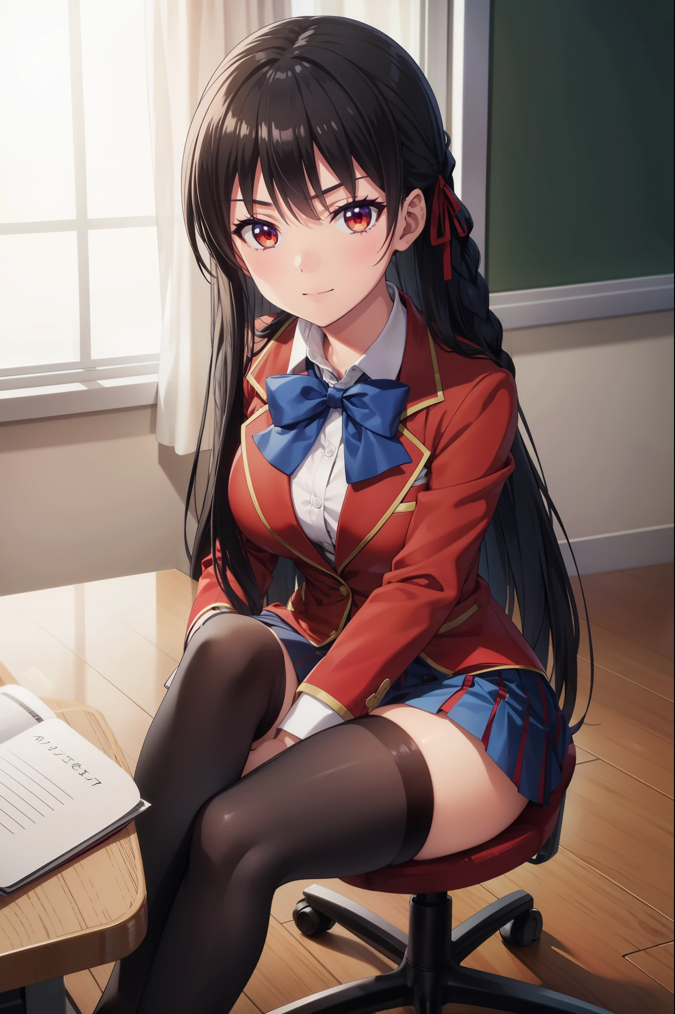 suzune horikita, long hair, black hair, (red eyes:1.3), hair ribbon, braid, smile,
BREAK bow, , jacket, bowtie, blue bowtie, blazer, (red blazer:1.5), skirt, white skirt,((black thighhighs))
BREAK indoors, classroom,sitting,full body
BREAK looking at viewer,
BREAK (masterpiece:1.2), best quality, high resolution, unity 8k wallpaper, extremely detailed face,(perfect hands, perfect anatomy),