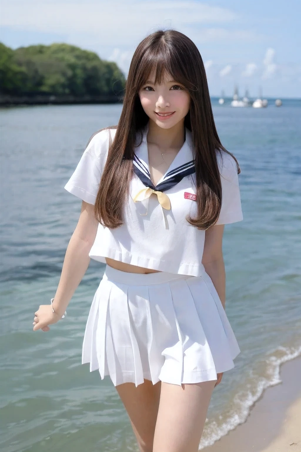((highest quality)), ((masterpiece)), (be familiar with), perfect face russian perfect beauty cute face
blonde super straight Super long hair length reaches to the knees very detailed hair very dense skin Bangs are neat bangs perfect body big big tits Her are like watermelons。
She is walking in the sea in Palau。I am wearing a Japanese sailor uniform.。the color of the areola is brown