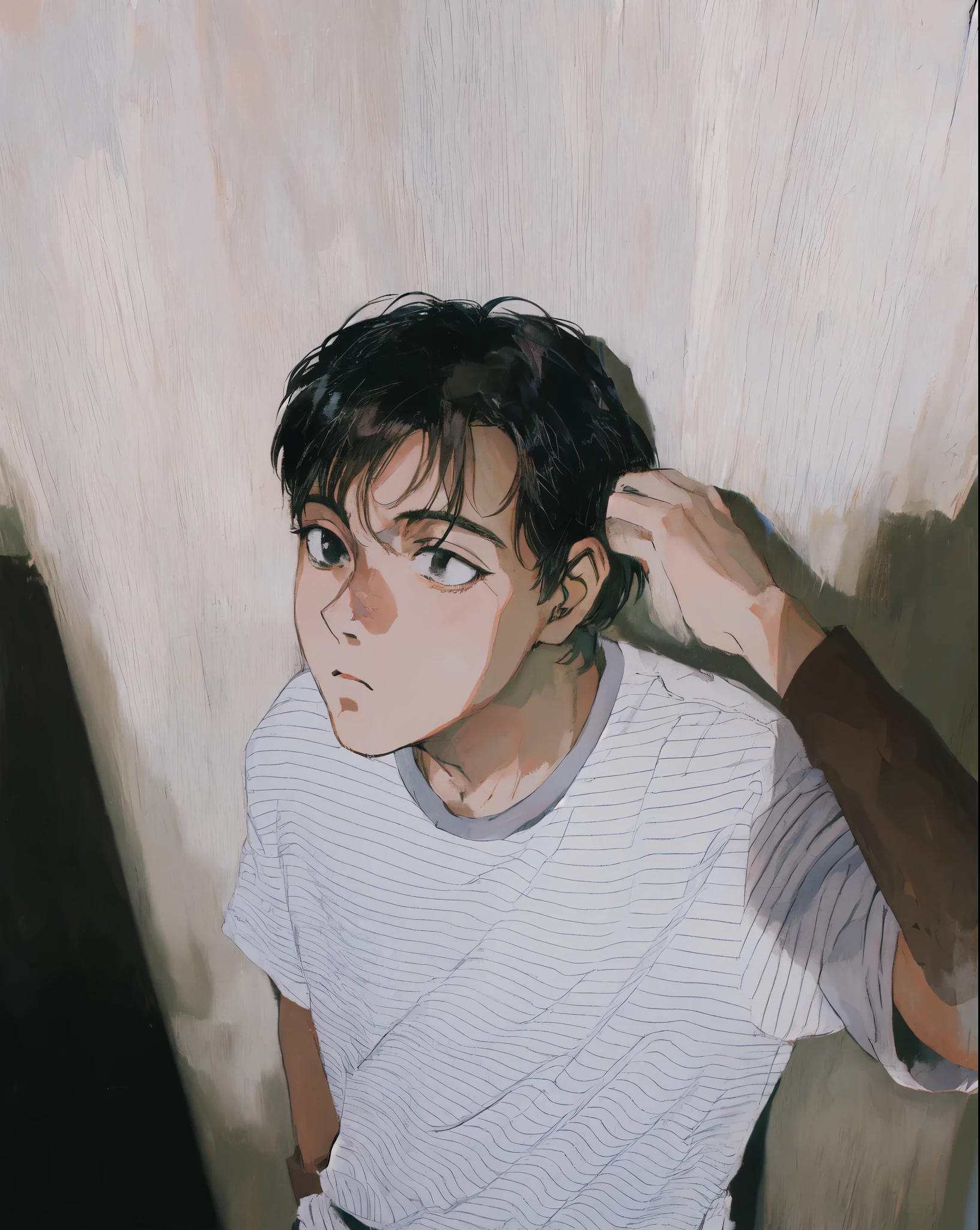 muted pastel colors, retro anime, 1990s anime, 1980s anime, brush strokes, masterpiece, best quality, 1boy, solo, black eyes, white shirt, closed mouth, medium hair, simple background