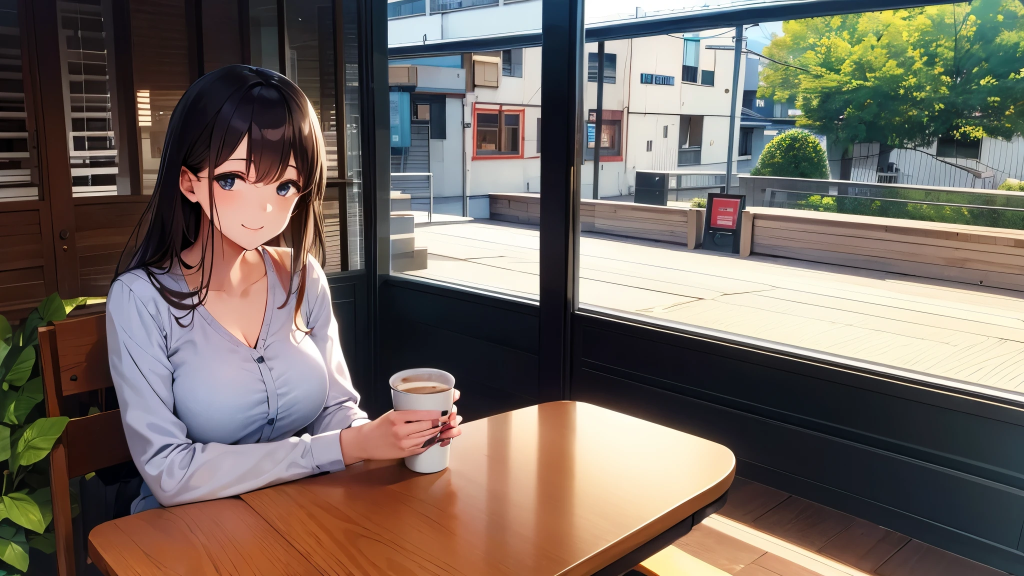Jazz Cafe、Coffee Time、Take a Break、peace、A woman sitting on a chair and drinking coffee、smiling woman