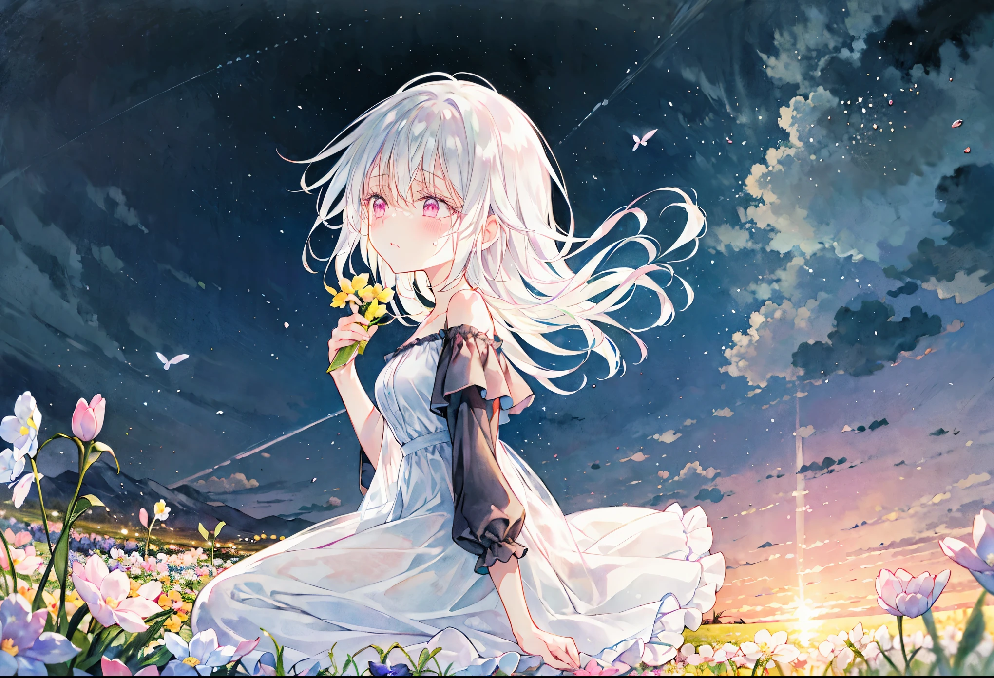 (quality、8K、32K、masterpiece)、(pastelcolor:1.3),1 girl, masterpiece, best qualtiy：1.1）,  looking away, Detailed, sketch,1 girl,White hair,white dress,wavy hair,solo,dynamic angle,closed-eyes,beautiful art,Off-the-shoulder dress,white dress,flower field,illust,dusk,dawn,kneeling,tears,dusk,detailed face,colorful,many color flower,****,Picture of flower field with sunset as background, an aesthetic field of flowers, field of fantasy flowers, flower field, blossoming path to heaven, Scenic Colorful Environment, blissful landscape, flower field, flower field, field of flowers background, flower garden summer morning, flower field, floral sunset, with flower fields as foreground,looking away,colorful,sad,watercolor (medium), traditional media,wavy hair,pink eyes,****,short face,wide shot,yellow sky,from side,helpless,dynamic art,emo