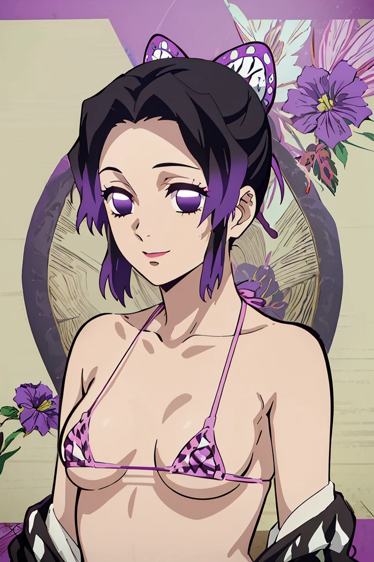 it is_Shinobu, 1 girl, kochou shinobu, butterfly hair ornaments, alone, hair ornaments, purple hair, colorful hair, purple eyes, black hair, (((leopard print micro bikini))), gradient hair, short hair, empty eyes, parted bangs,bangs, enchanting smile, looking at the viewer,, Sea, ((masterpiece)), highest quality, highly detailed illustrations, highly detailed background, High resolution,Completely naked,whole body,model pose,very wide shot