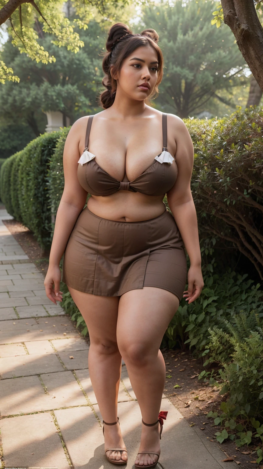a hyper-realistic full body view photo of a young curvy plus size beautiful indian woman wearing Retro Revival Mini Skirt standing Enchanted Grove Avenue, m-cup breasts, curvy plus size hourglass body, 22 years old, realistic, sexy,short brown hair, (hair tied with bows), curved, masterpiece