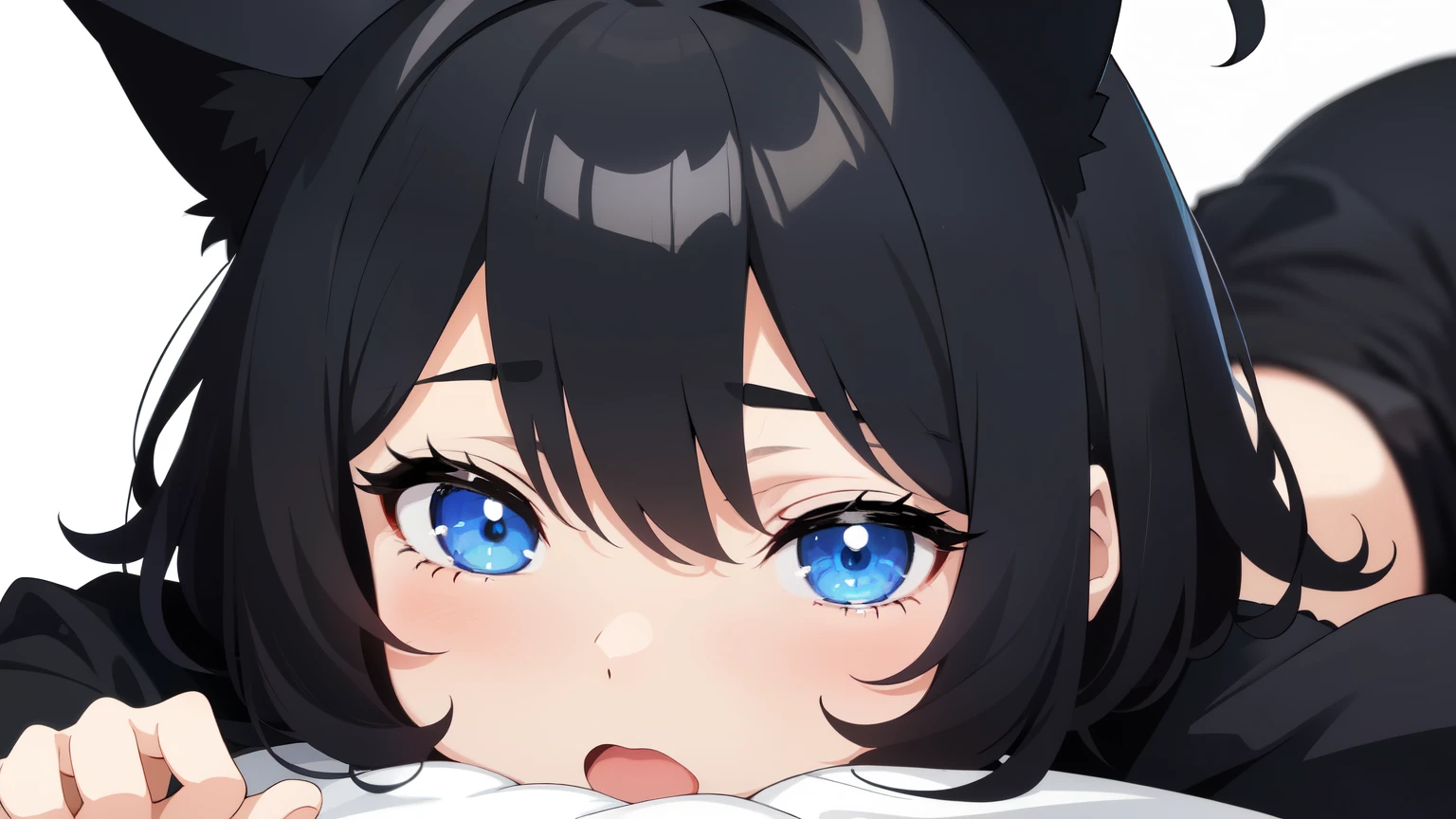 looking at the viewer, 1人のgirl, open your mouth, drunk face、girl、((highest quality, expensive_solve, clear_image)),(black hair), (black cat ears), (Ahoge), (ridiculously short hair), (wavy hair), (blue eyes)、very big breasts,wore a dress、background night road、Closed eyes、Lying down、face close up