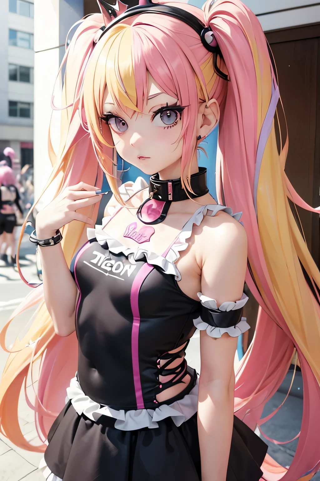 araffe girl with pink hair and a crown on her head, dressed in punk clothing, dressed in crustpunk clothing, anime girl cosplay, cybergoth, wearing a punk outfit, kerli koiv as anime girl, 1 7 - year - old anime goth girl, belle delphine, anime cosplay, with pink hair, anime girl in real life, punk girl,((( petitegirl with blonde twin tail,　colorful swimsuit))),