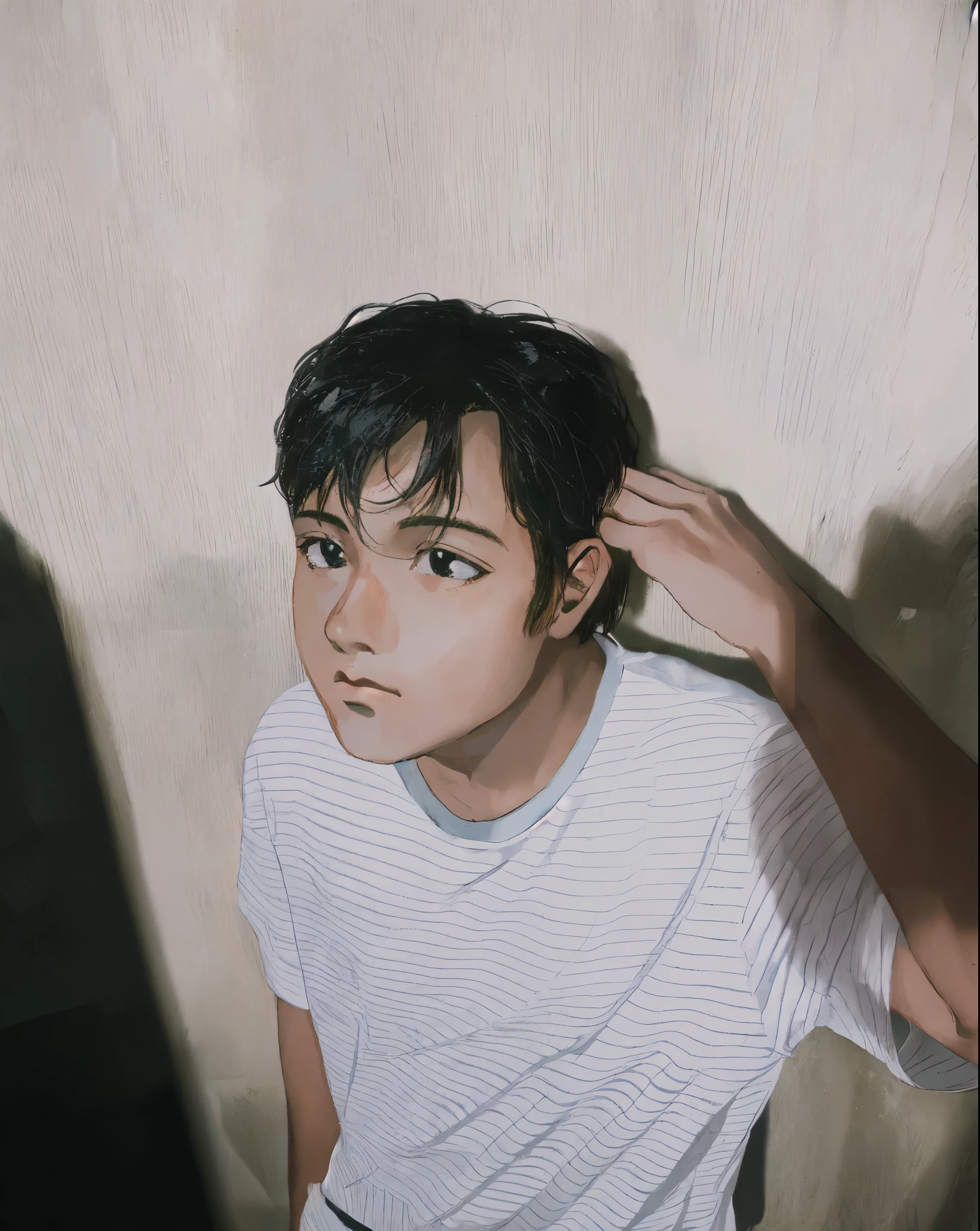 muted pastel colors, retro anime, 1990s anime, 1980s anime, brush strokes, masterpiece, best quality, 1boy, solo, black eyes, white shirt, closed mouth, medium hair, simple background