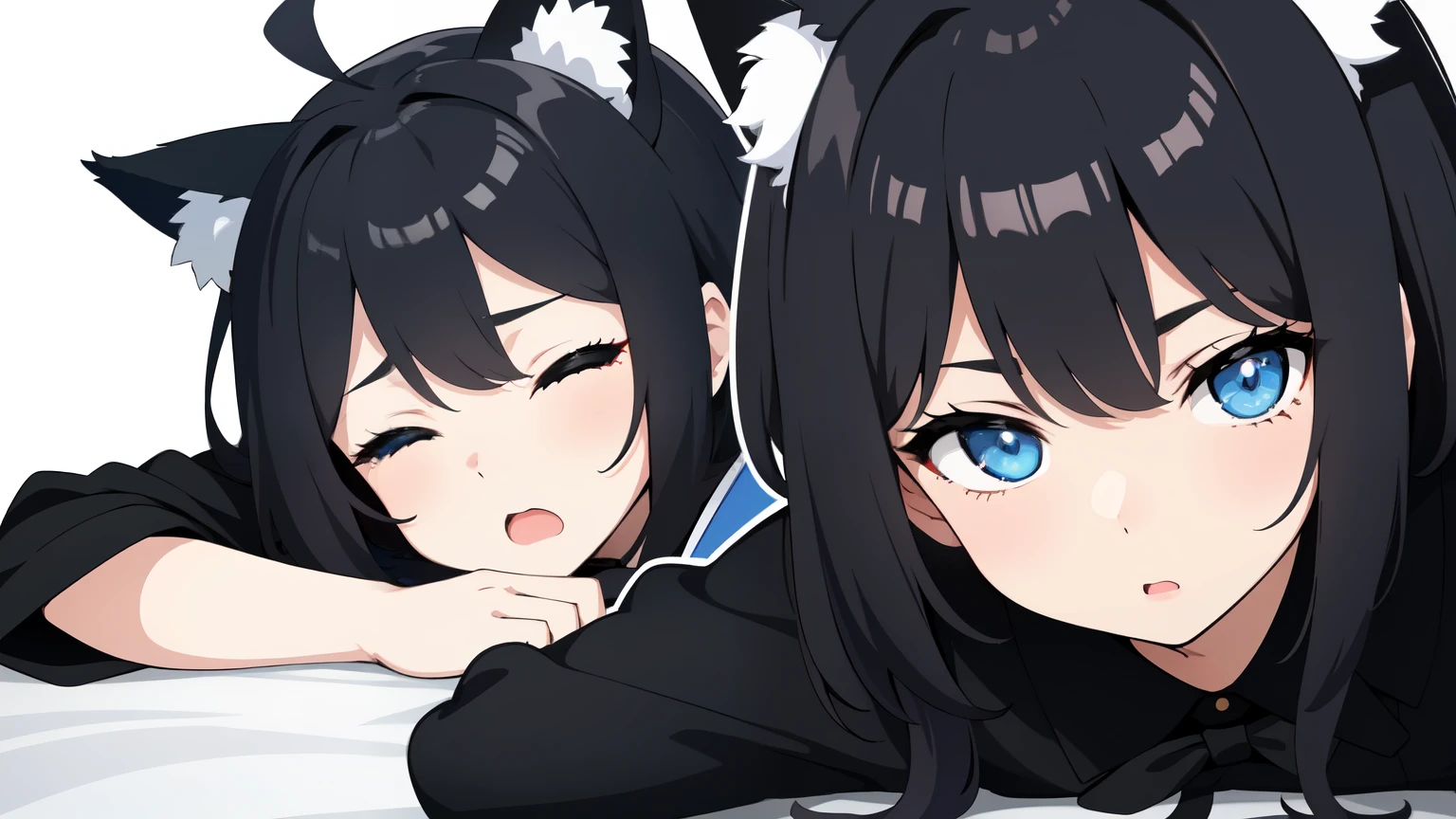 looking at the viewer, 1人のgirl, open your mouth, drunk face、girl、((highest quality, expensive_solve, clear_image)),(black hair), (black cat ears), (Ahoge), (ridiculously short hair), (wavy hair), (blue eyes)、very big breasts,wore a dress、background night road、Closed eyes、Lying down、face close up