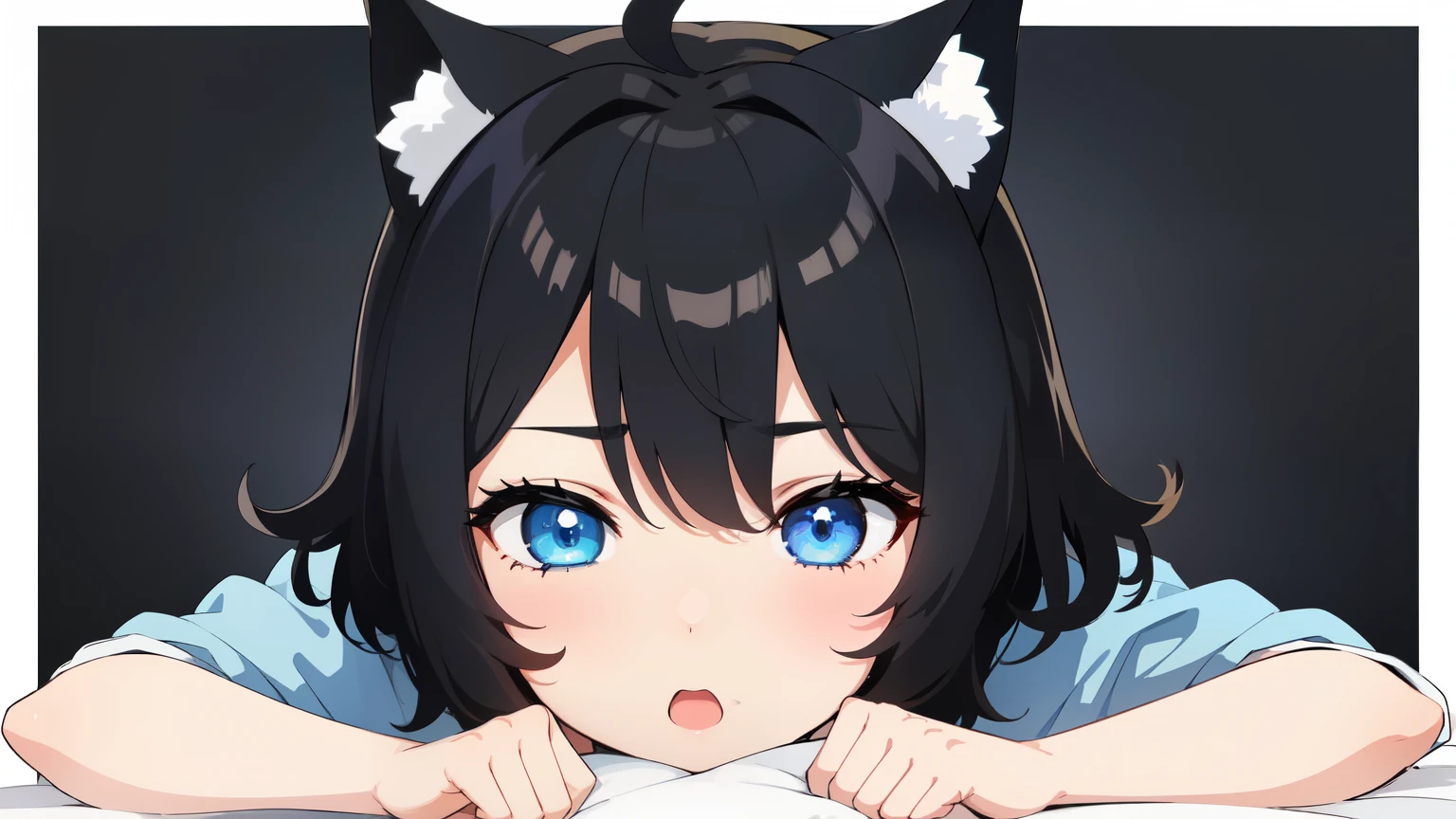 looking at the viewer, 1人のgirl, open your mouth, drunk face、girl、((highest quality, expensive_solve, clear_image)),(black hair), (black cat ears), (Ahoge), (ridiculously short hair), (wavy hair), (blue eyes)、very big breasts,wore a dress、background night road、Closed eyes、Lying down、face close up