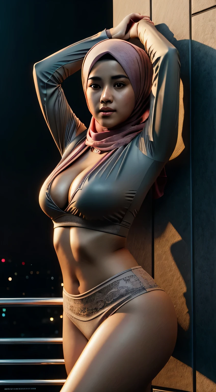 mira filzah sexy seducing pose, open mouth, nighttime city, (mira filzah:1.3), wearing hijab, pastel color hijab, detailed skin, detail skin texture, freckles skin, matured skin, , large breast, ample well endowed womanly chest, wide waist, thick, creamy ,thighs bright lighting, big,soft, shapely bubble,round derriere, young face, slim abs, Artgerm Milo Manara Franklin Stewart Al Buell Alex Ross Style Realism Artstation HD Realism Octane 10 realism Unreal Engine 12, realistic ornate 8k cinematic Hyper-Maximus