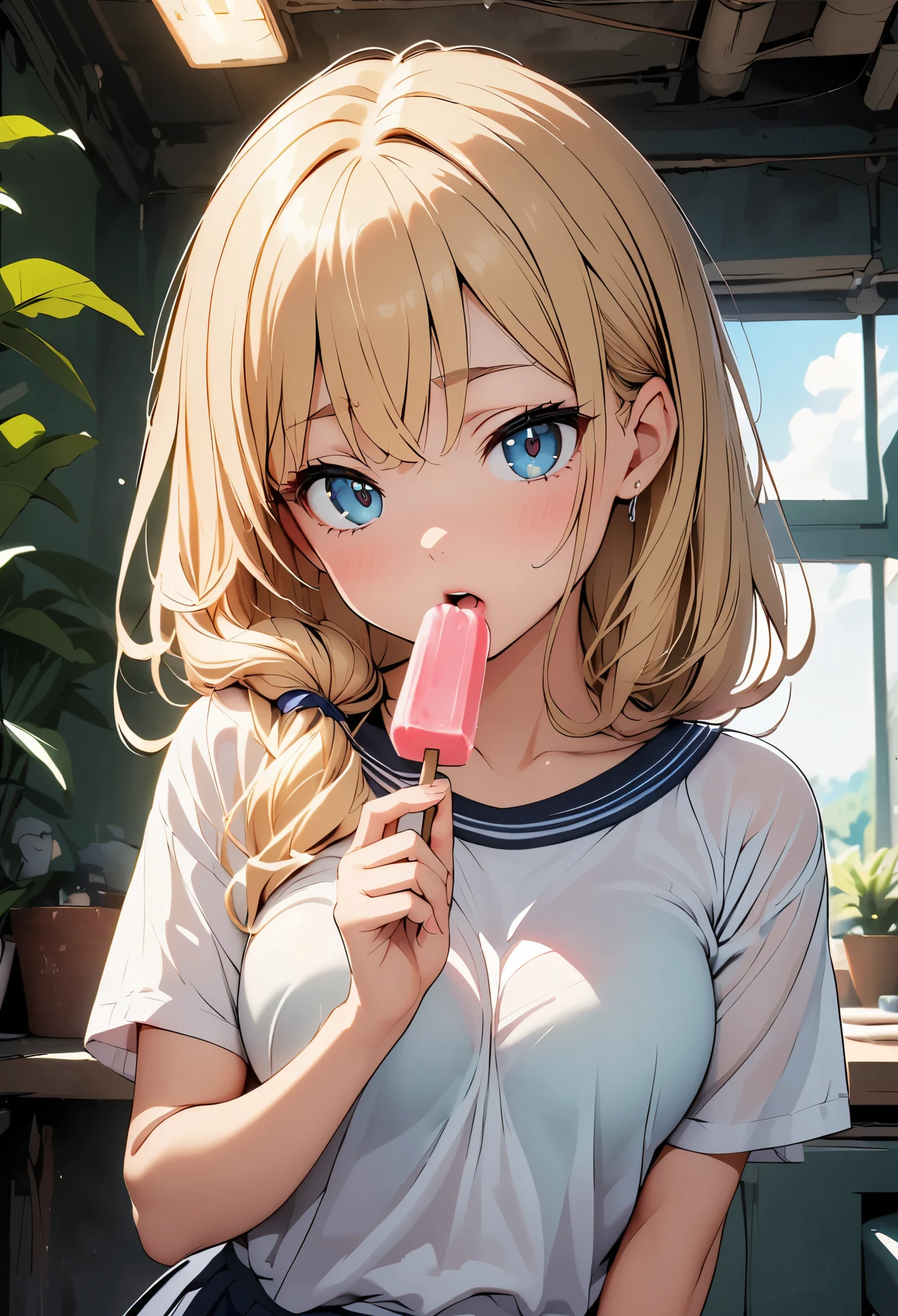 18 year old beautiful girl, masterpiece, highest quality, 8K animation, fine fingers, precise fingers, It's not an unnatural hand, figure, 1 girl, alone, long black straight hair, look at the viewer:1.2, ice lolly, Open your mouth and suck, Lustrous lips, Focus on lips, face up shot