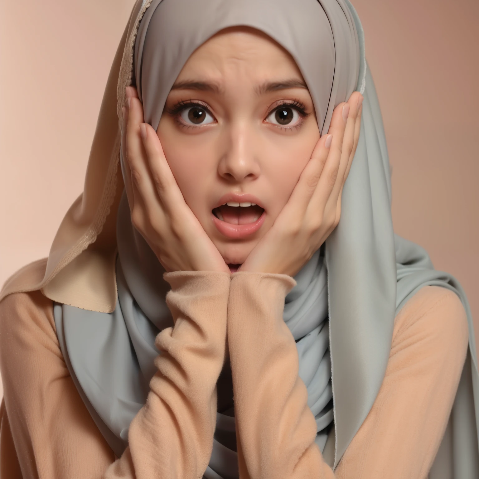 woman wearing a hijab and a scarf, surprised expression, shocked look, shocked expression, scared expression, shocked expression on her face, surprised expression on her face, looking surprised, scared face, expressive surprised expression, very surprised, surprised, hijab, confused expression, crazy expression, wide eyes shocked expression, frightened look, blank expression on her face. Long traditional gown dress