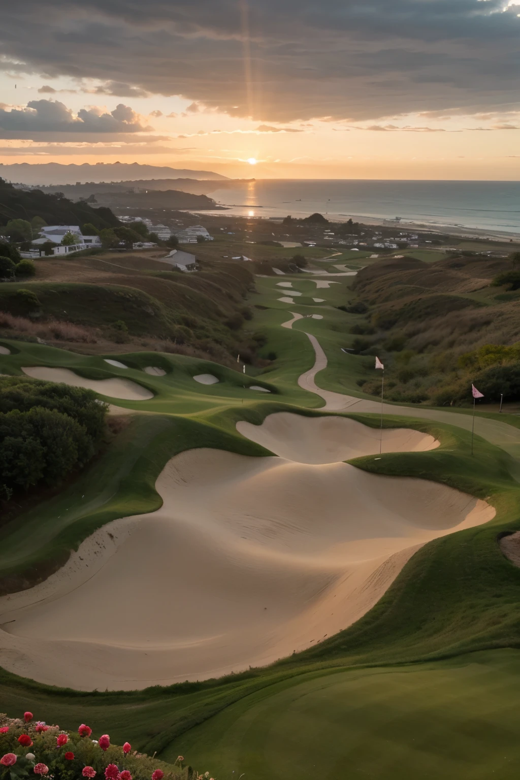 Uma cidade com grandes arranhaceus em um poar de rosas cobertos de brilho radiantes e golfinhos muiot golfinhos apreciando o nascer do sol