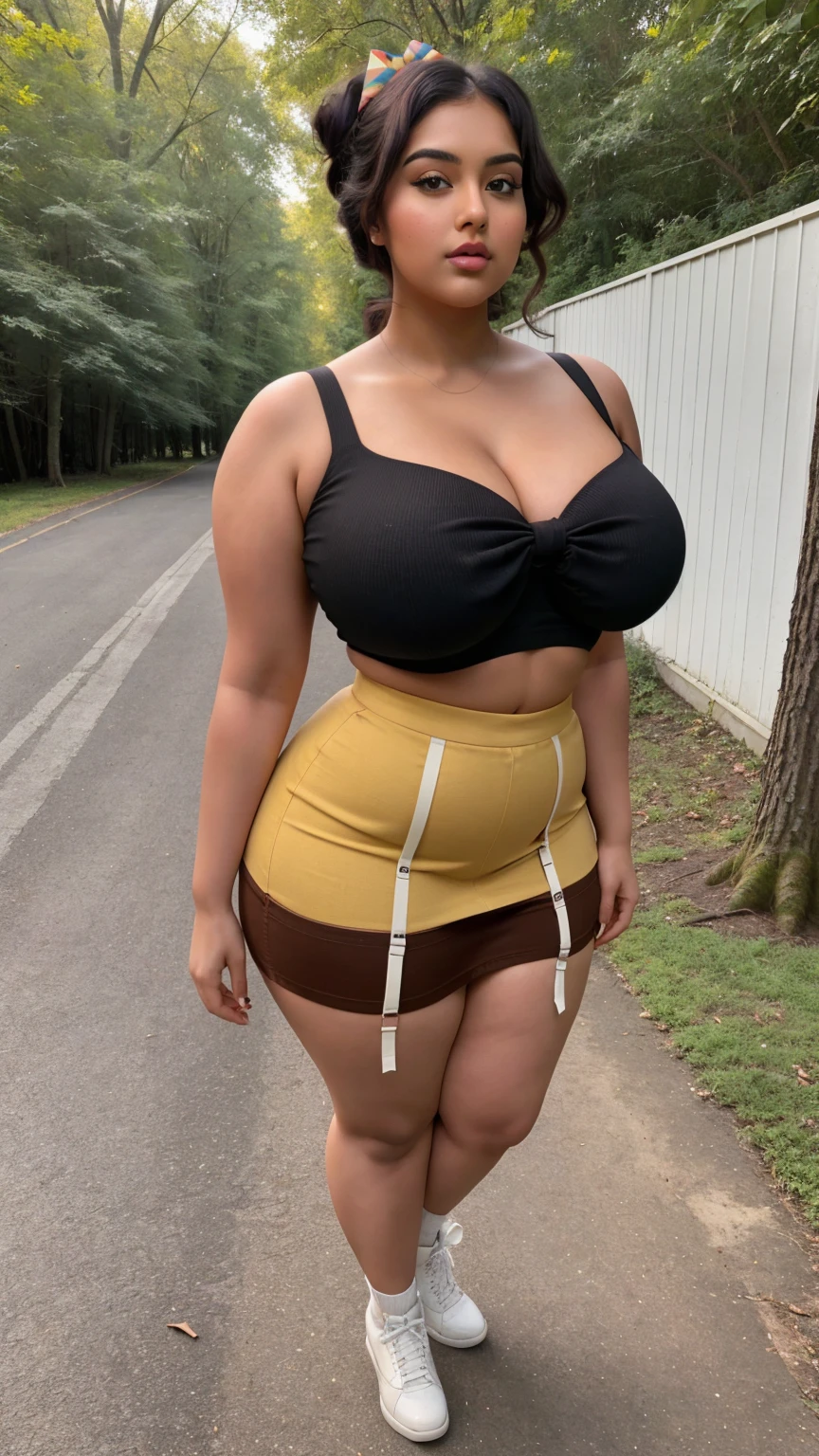 a hyper-realistic full body view photo of a young curvy plus size beautiful indian woman wearing Retro Revival Mini Skirt standing Enchanted Grove Avenue, m-cup breasts, curvy plus size hourglass body, 22 years old, realistic, sexy,short brown hair, (hair tied with bows), curved, masterpiece