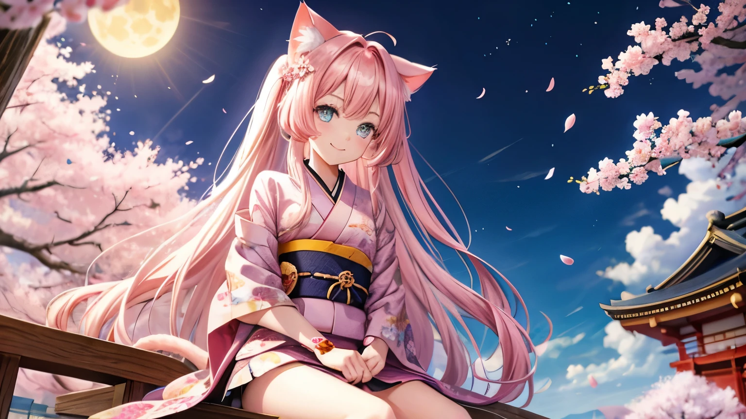 anime, Cat ear,one girl,cute, long hair, beautiful eyes,chest, Kyoto, cherry blossoms、petal、moon, pink patterned kimono, sitting, alone,smile