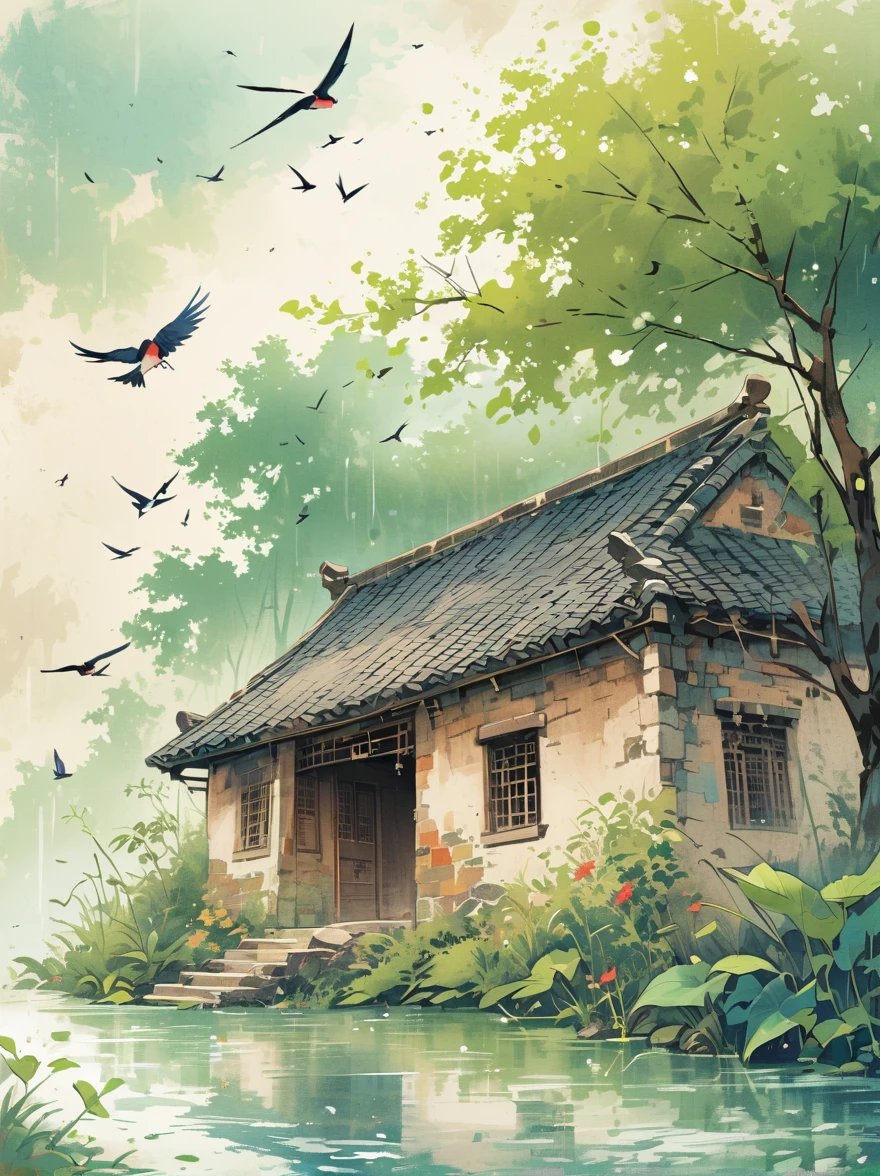Tomb Sweeping Day theme background,Fundo verde claro,There are two swallows flying in the sky,There are some grass and woods at the bottom of the picture,The picture above is simple and high detail,