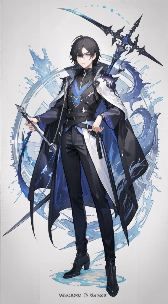 colorful dragon, A male, height 199 cm, full body (detailed face:1.2), Tarot border,The portrait is centered,(scythe weapon),, medium hair, Black hair, purple eyes.