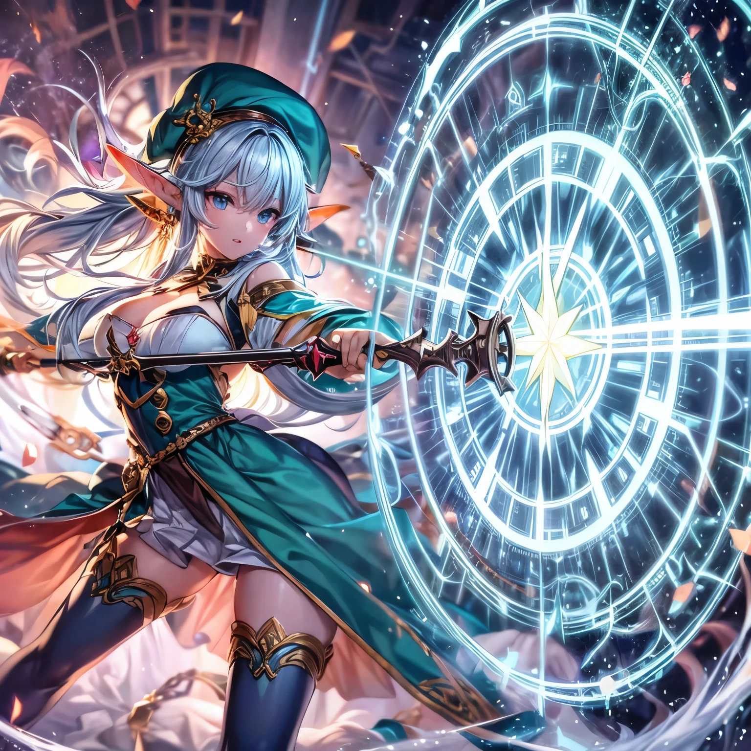 High quality fantasy anime pictures, Waif Elf with Magic Wand, Attack Magic Beam, Emits light towards enemy monsters, Unleash the ultimate magic attack that fires a beam from a vertical magic circle.,