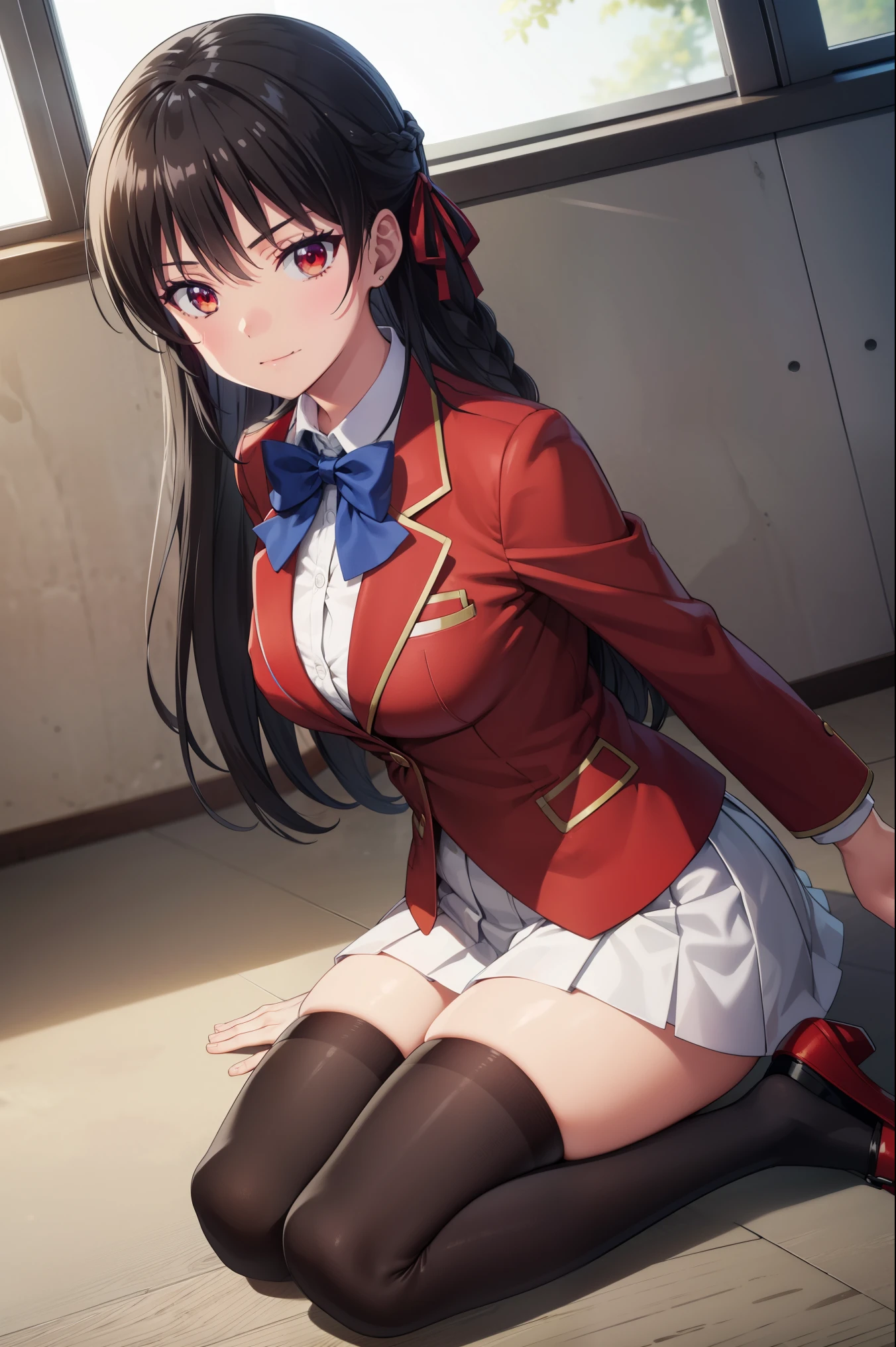 (8k, best quality, masterpiece,ultra detailed, ultra high res:1.2), 
1girl, 
long hair, braid, 
black hair, 
red eyes, slant eyes, small eyes, 
blue bow, 
medium breasts, 
jacket, long sleeves, pleated skirt, black thigh-high socks, 
looking at viewer, 
cowboy shot, background of indoor, 